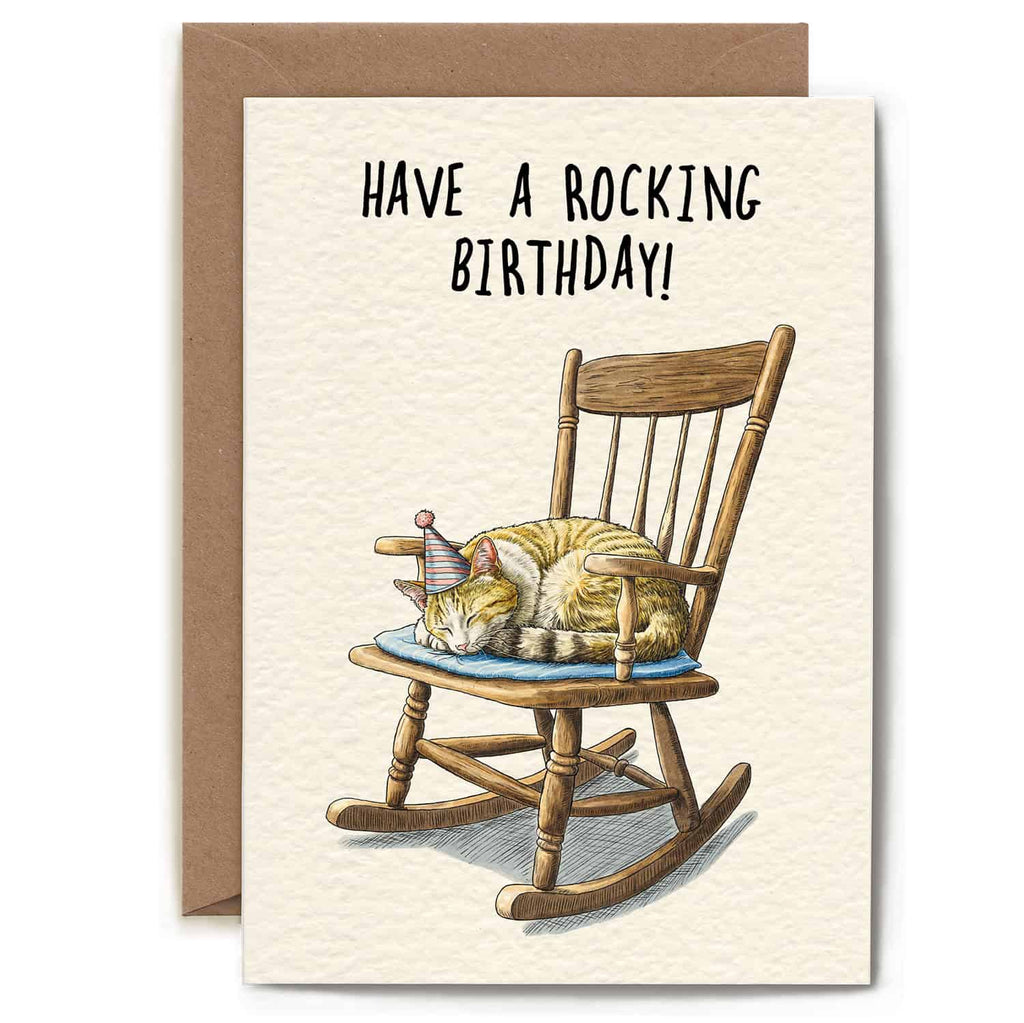 Birthday card with a cat in a rocking chair and text 'Have a rocking birthday!'