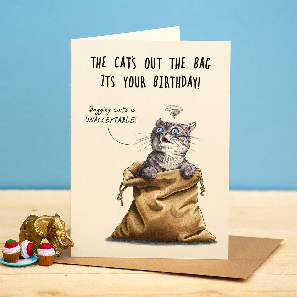 Birthday card with a cat in a bag and humorous text.