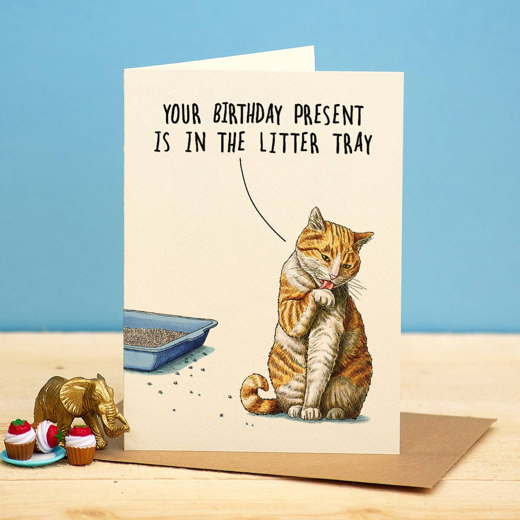 Card with a cat illustration and humorous text on a blue background
