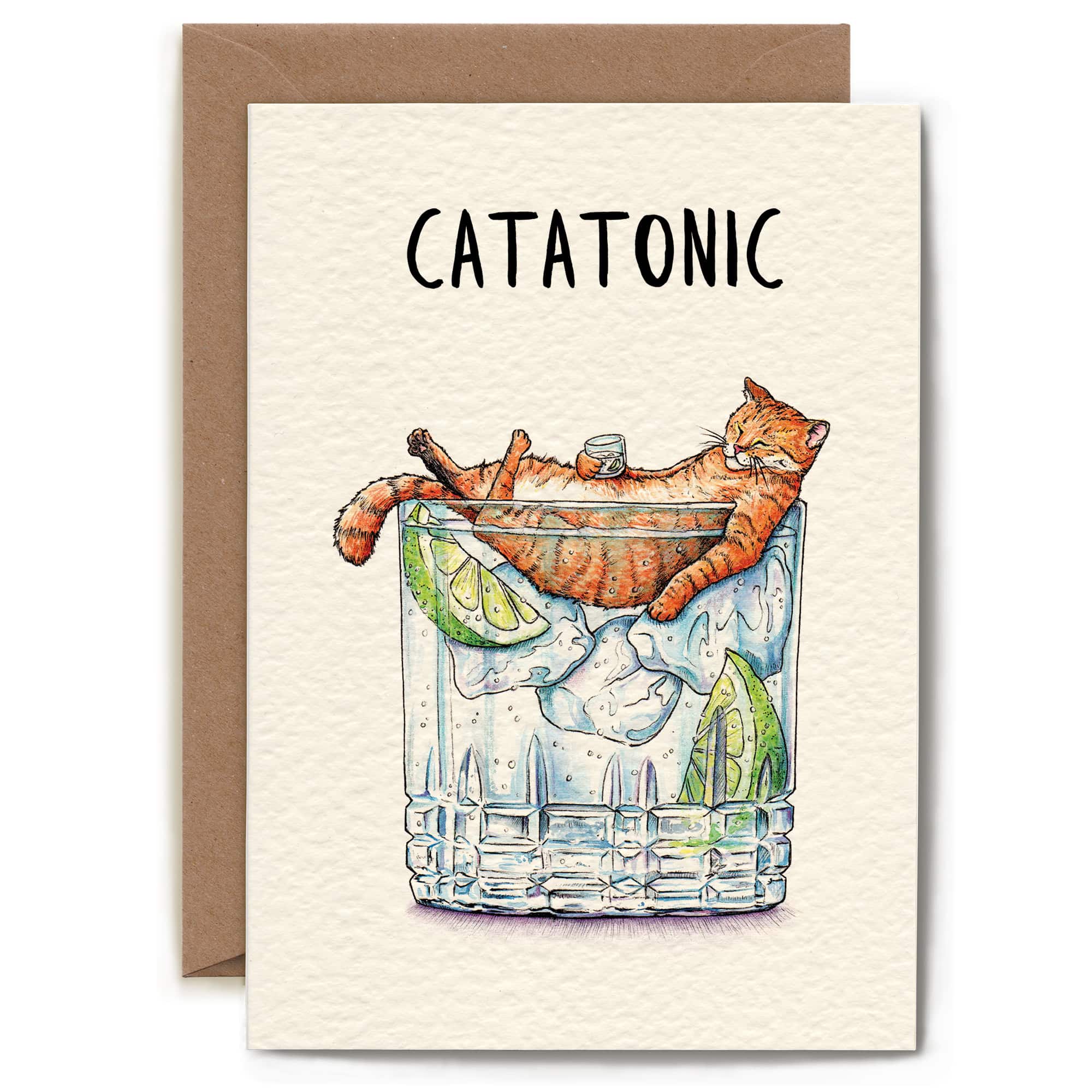 Greeting card with a cat in a cocktail glass and 'Catatonic' text.