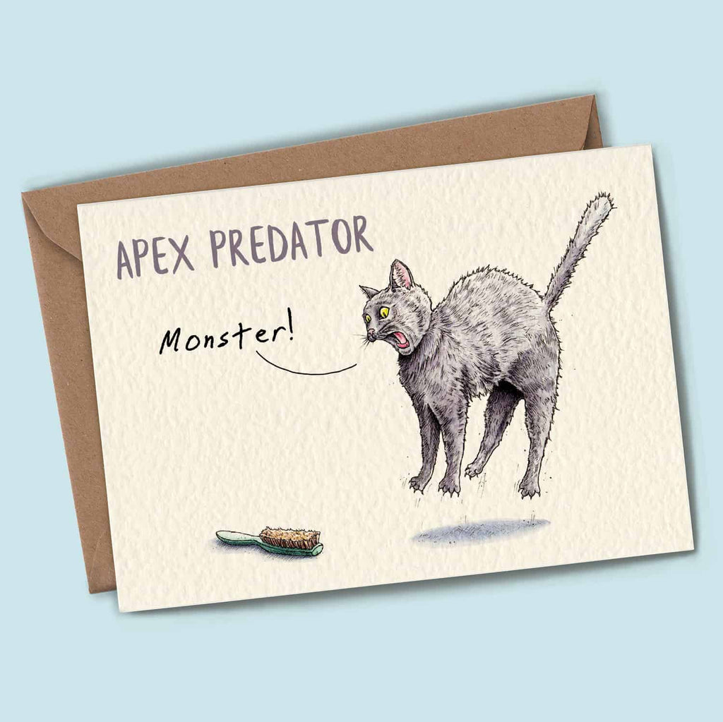Card with a cat illustration labeled 'Apex Predator Monster' on a light blue background