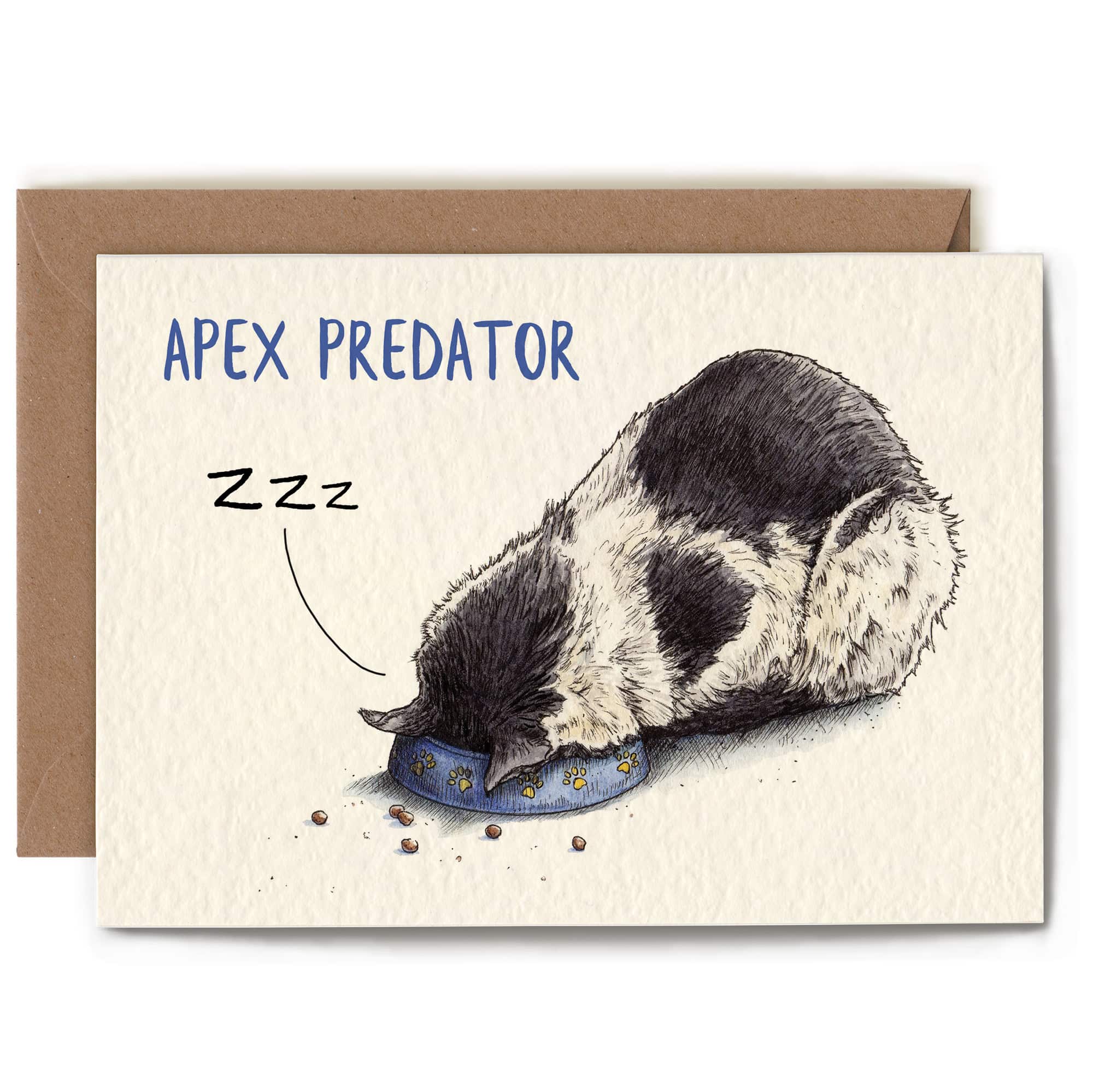 Greeting card with a sleeping dog illustration and 'Apex Predator' text on a white background.