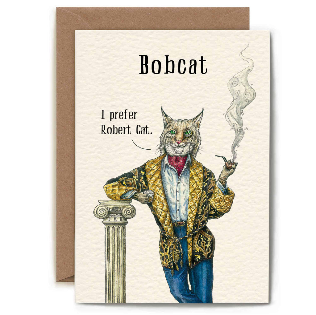 Greeting card with a stylized bobcat smoking a cigarette, wearing a suit and tie, on a beige background.