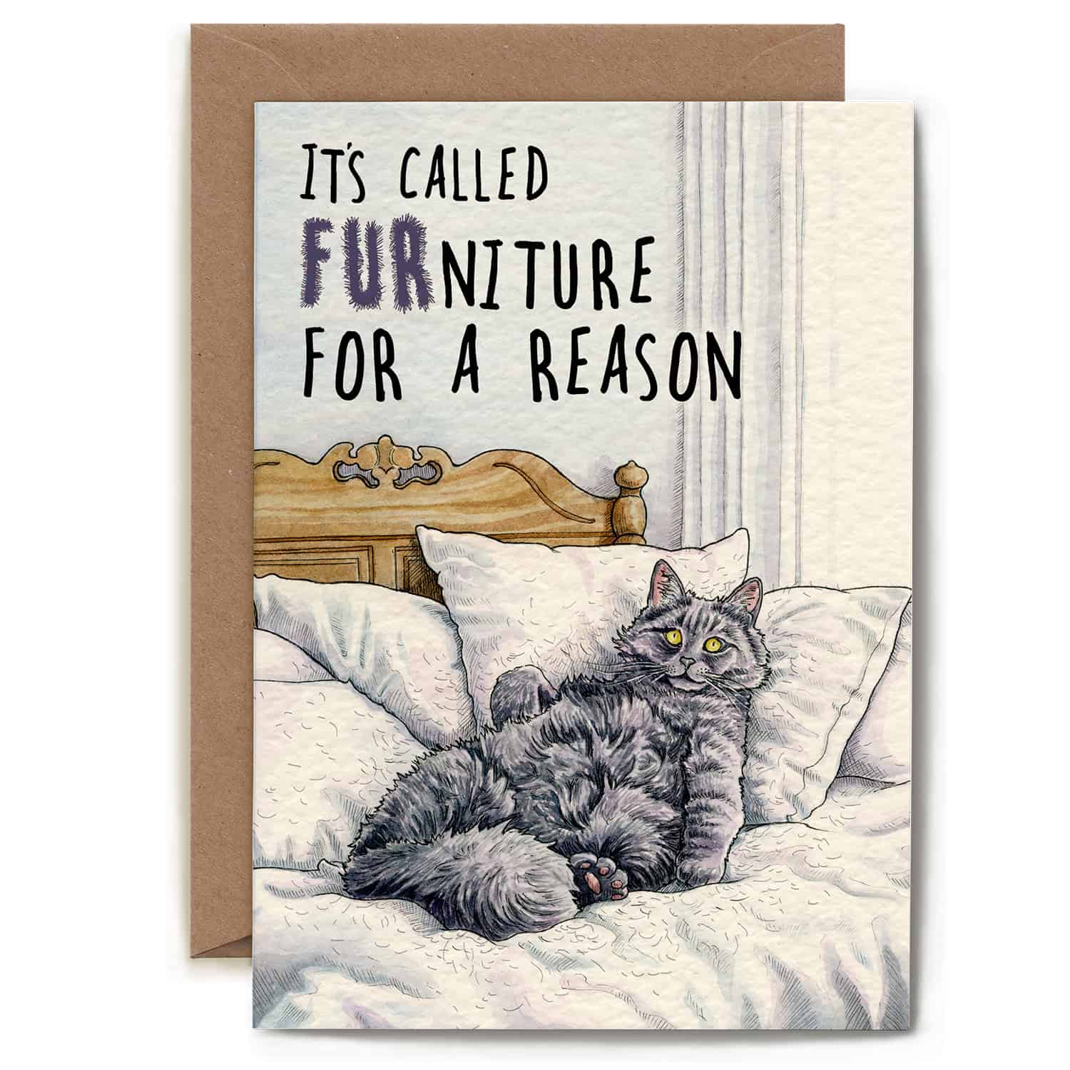 Card with a cat on furniture and humorous text about 'furniture for a reason'.
