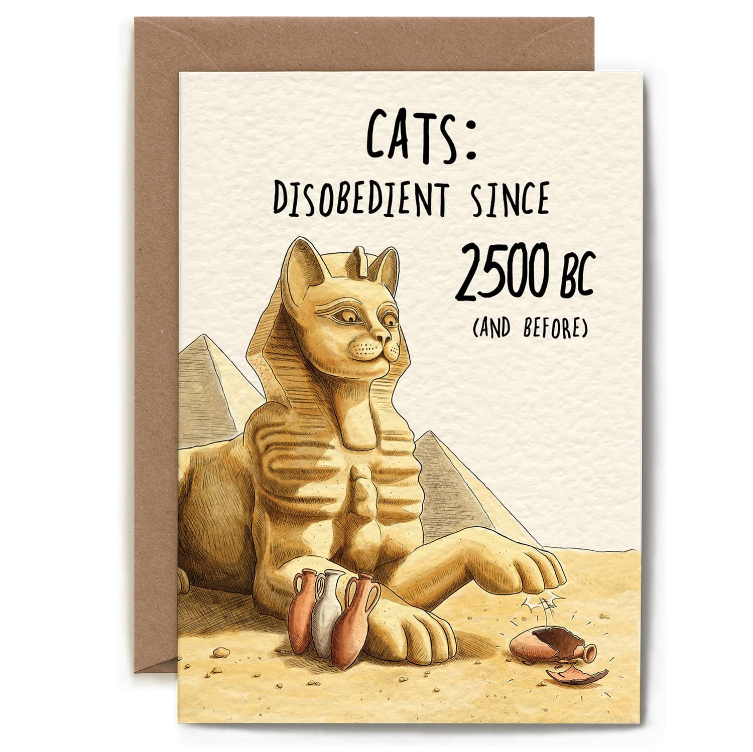 Card with a sphinx illustration and humorous text about cats' disobedience.