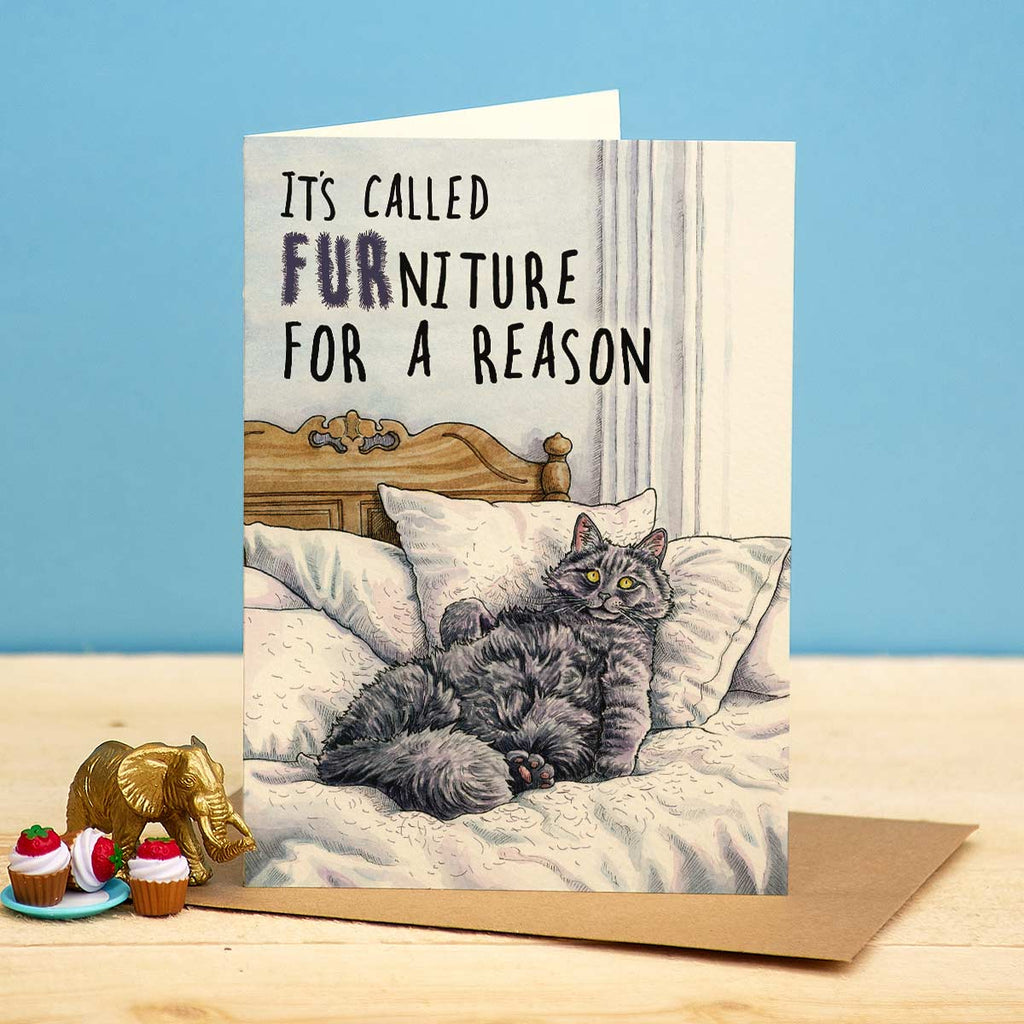 Card with a cat on furniture and humorous text against a blue background
