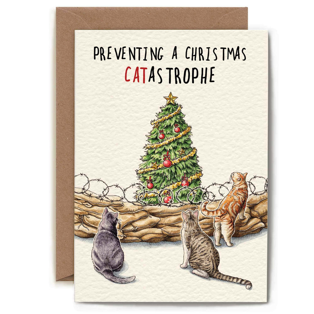 Card with cats and a Christmas tree, text 'Preventing a Christmas Cat As Trophe', on a white background.