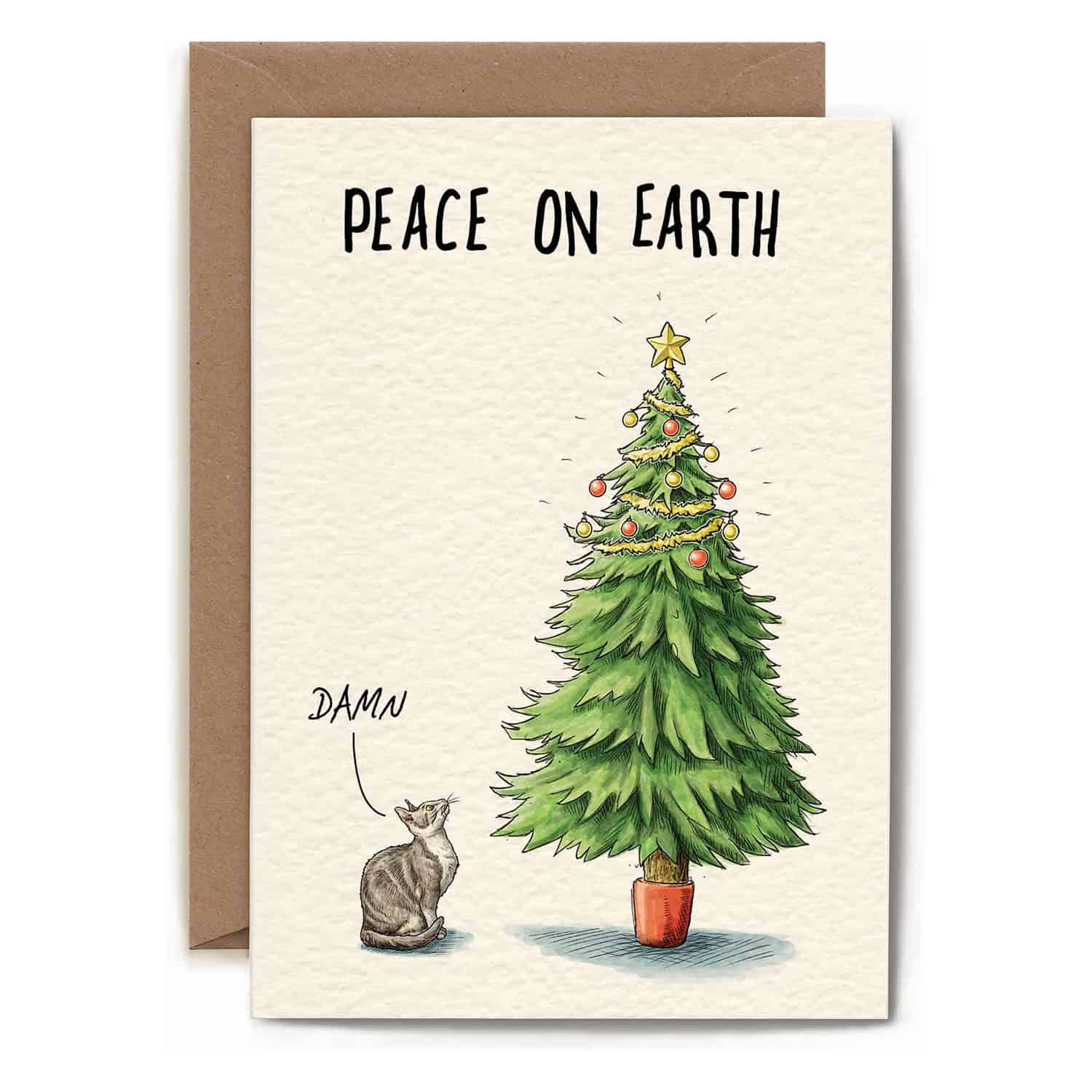 Greeting card with a Christmas tree and cat illustration and 'Peace on Earth' text.