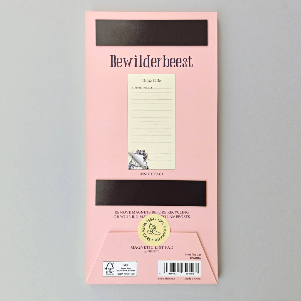 Pink magnetic list pad with 'Bewilderbeest' branding on a gray background