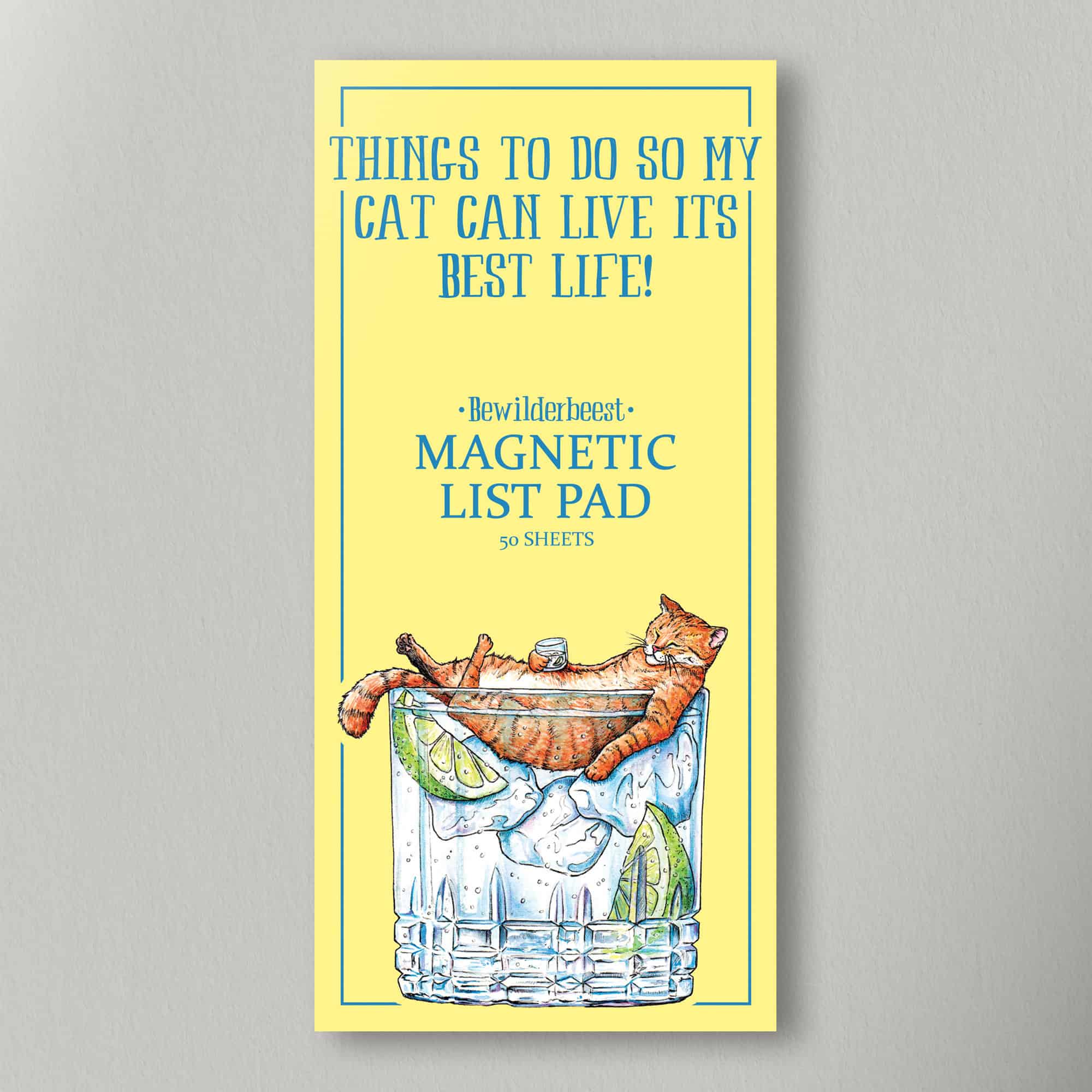 Magnetic list pad with a cat illustration on a yellow background