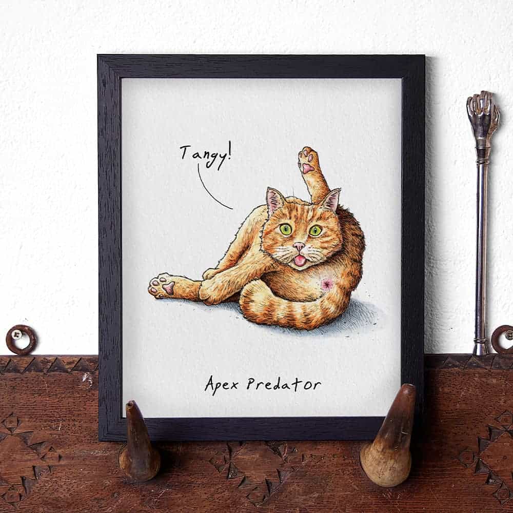 Illustration of a cat labeled 'Tangy! Apex Predator' on a wooden surface.