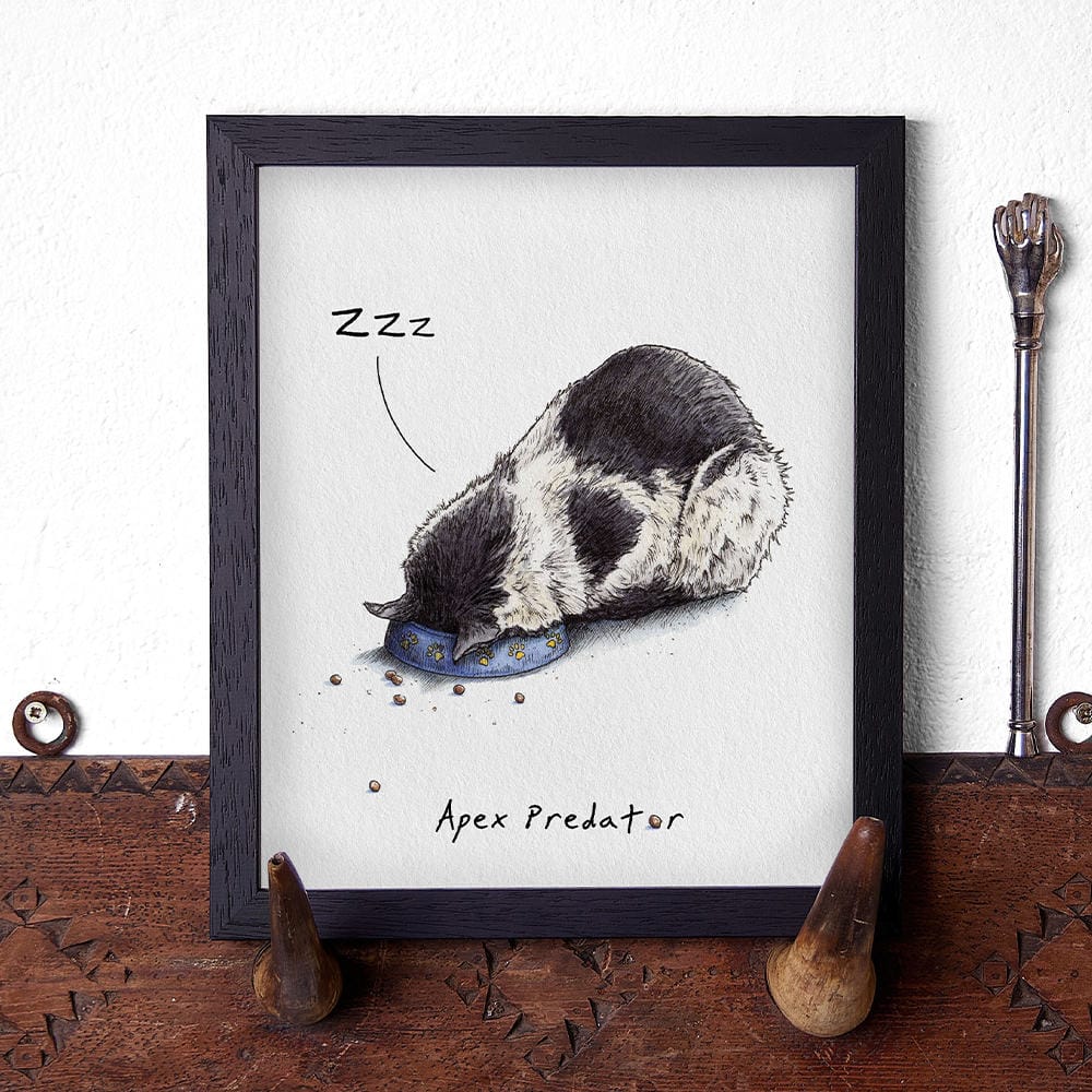 Artwork of a sleeping cat with 'Apex Predator' text on a white background