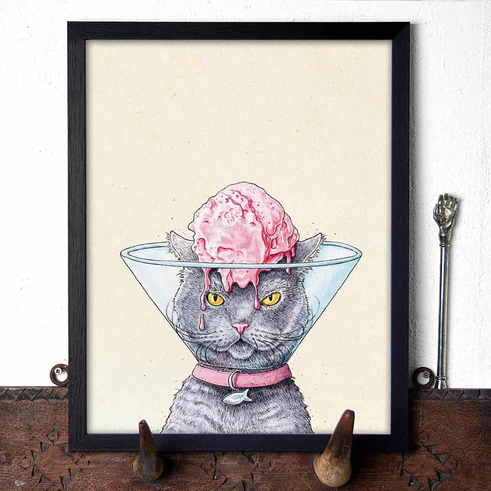 Artwork of a cat with pink ice cream in a glass bowl on a white background