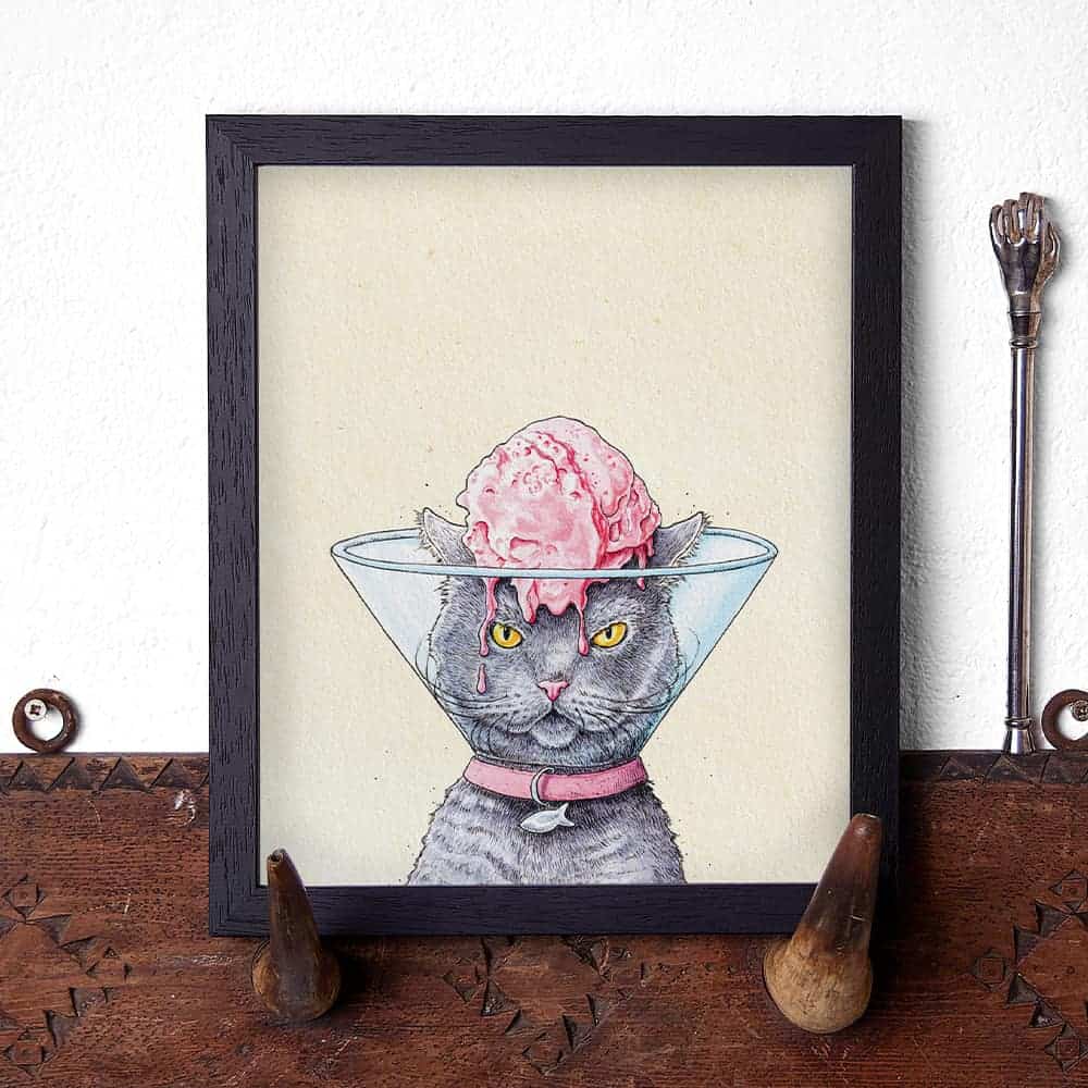 Artwork of a cat with ice cream in a cone on a wooden surface.