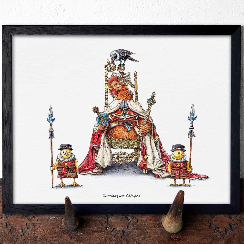 Artwork of a chicken on a throne with two attendants, titled 'Coronation Chicken'.