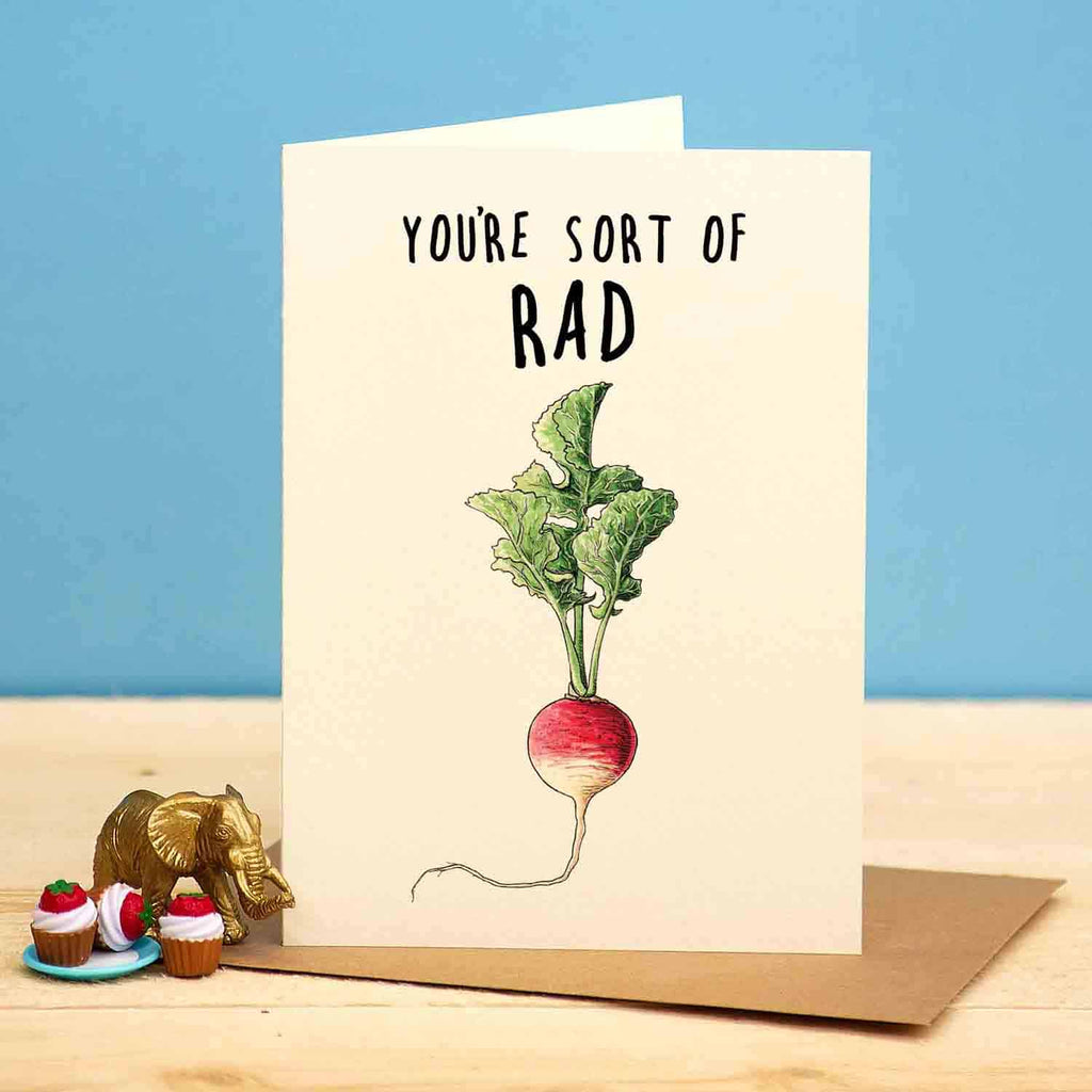 Greeting card with a radish illustration and text on a blue background