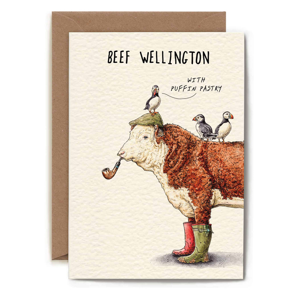 Greeting card with a cow wearing boots and a hat, smoking a pipe, and text 'Beef Wellington with Puffin Pastry'.