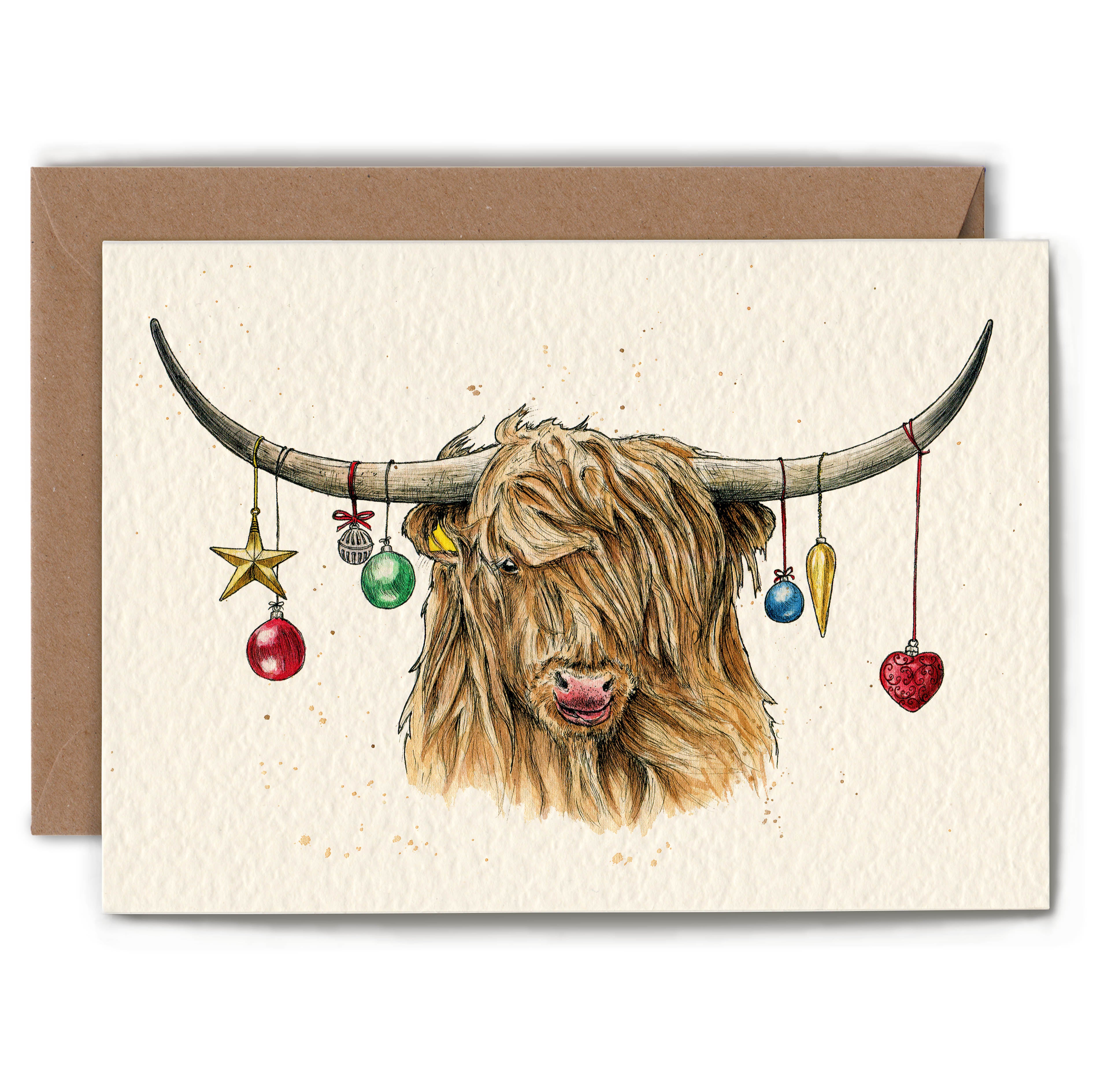 Card with a highland cow decorated with Christmas ornaments on a beige background