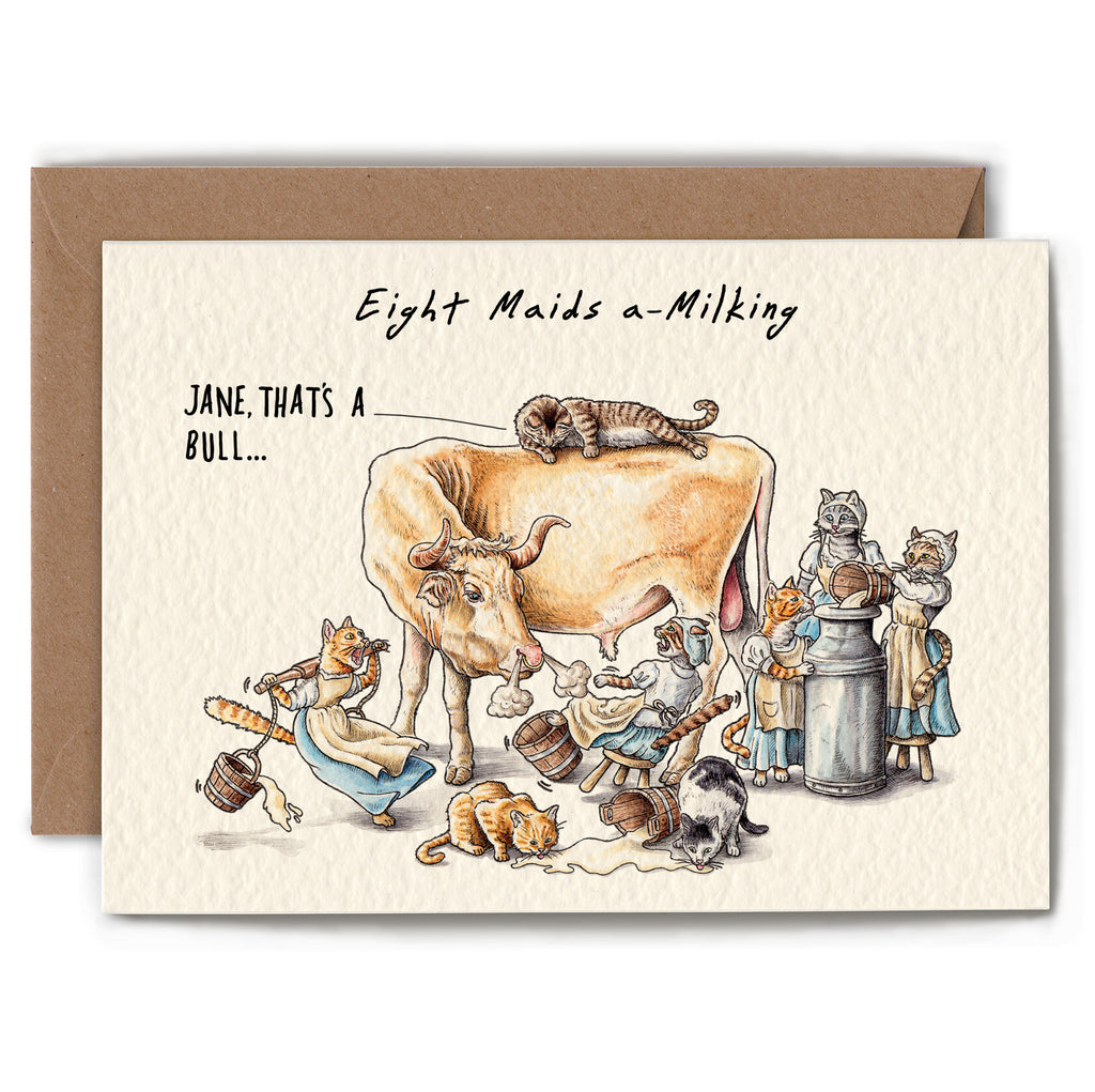 Card with illustration of 'Eight Maids a-Milking' nursery rhyme scene, featuring a cow and eight maids.