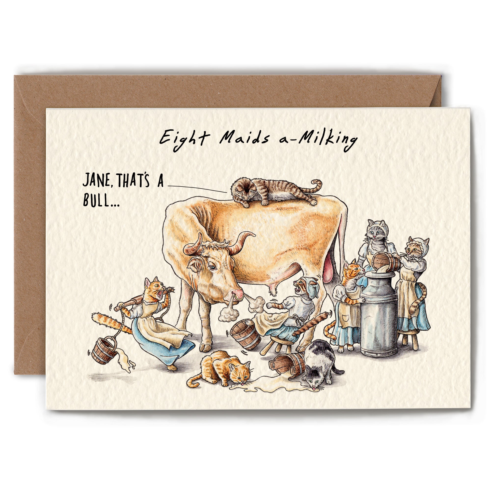Card with illustration of 'Eight Maids a-Milking' nursery rhyme scene, featuring a cow and eight maids.