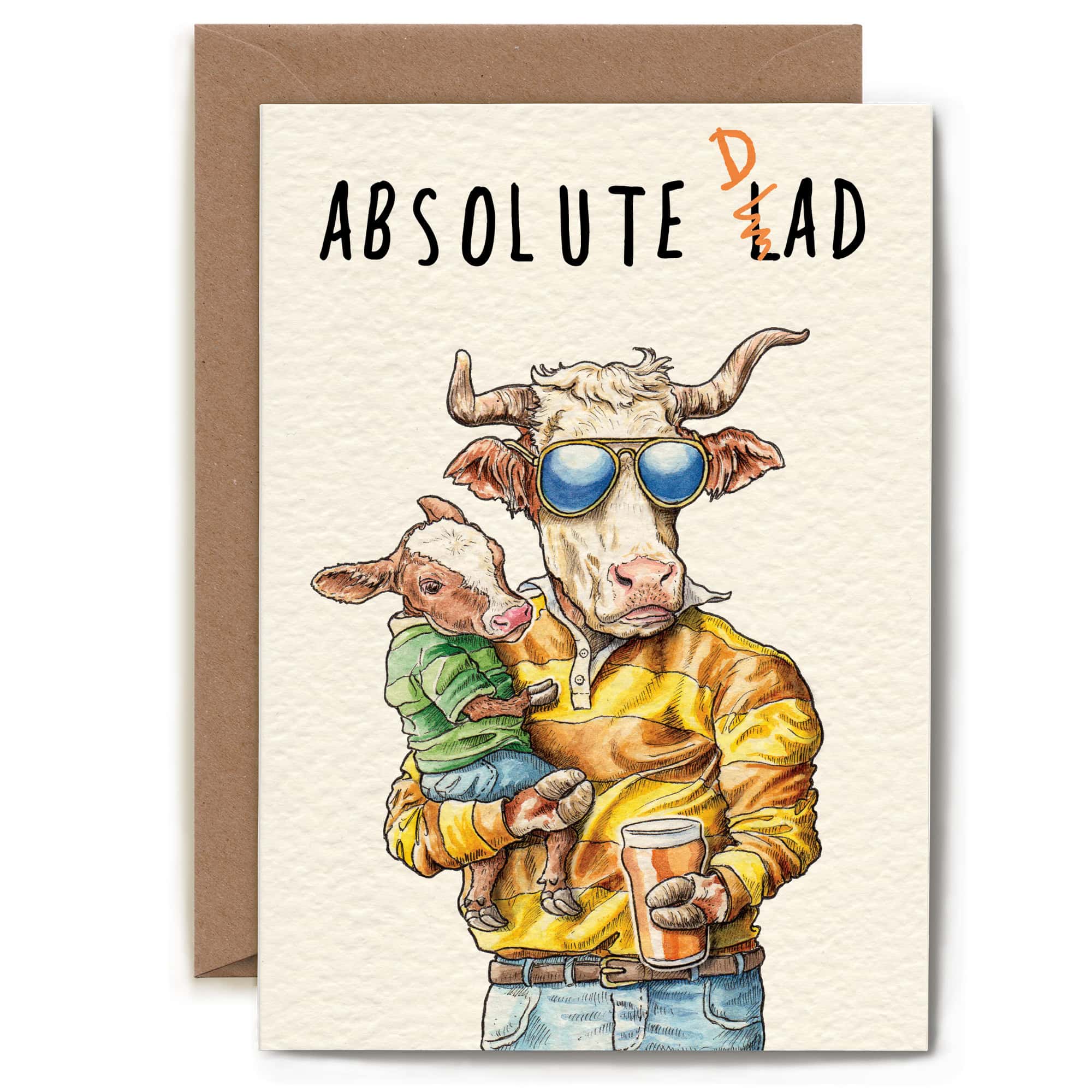 Card with illustration of a cow holding a calf, wearing sunglasses and a yellow shirt, with 'Absolute Dad' text.