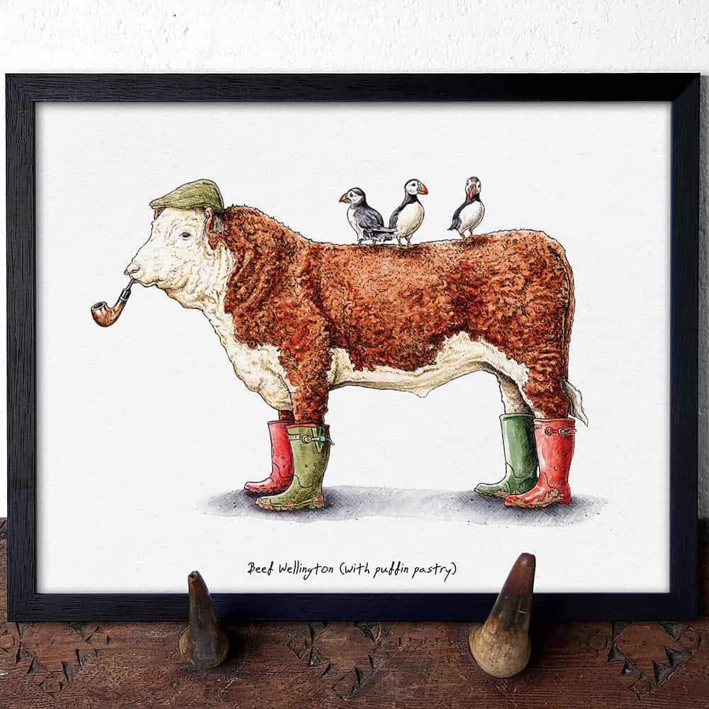 Illustration of a cow wearing wellington boots and a hat with three puffin birds on its back.