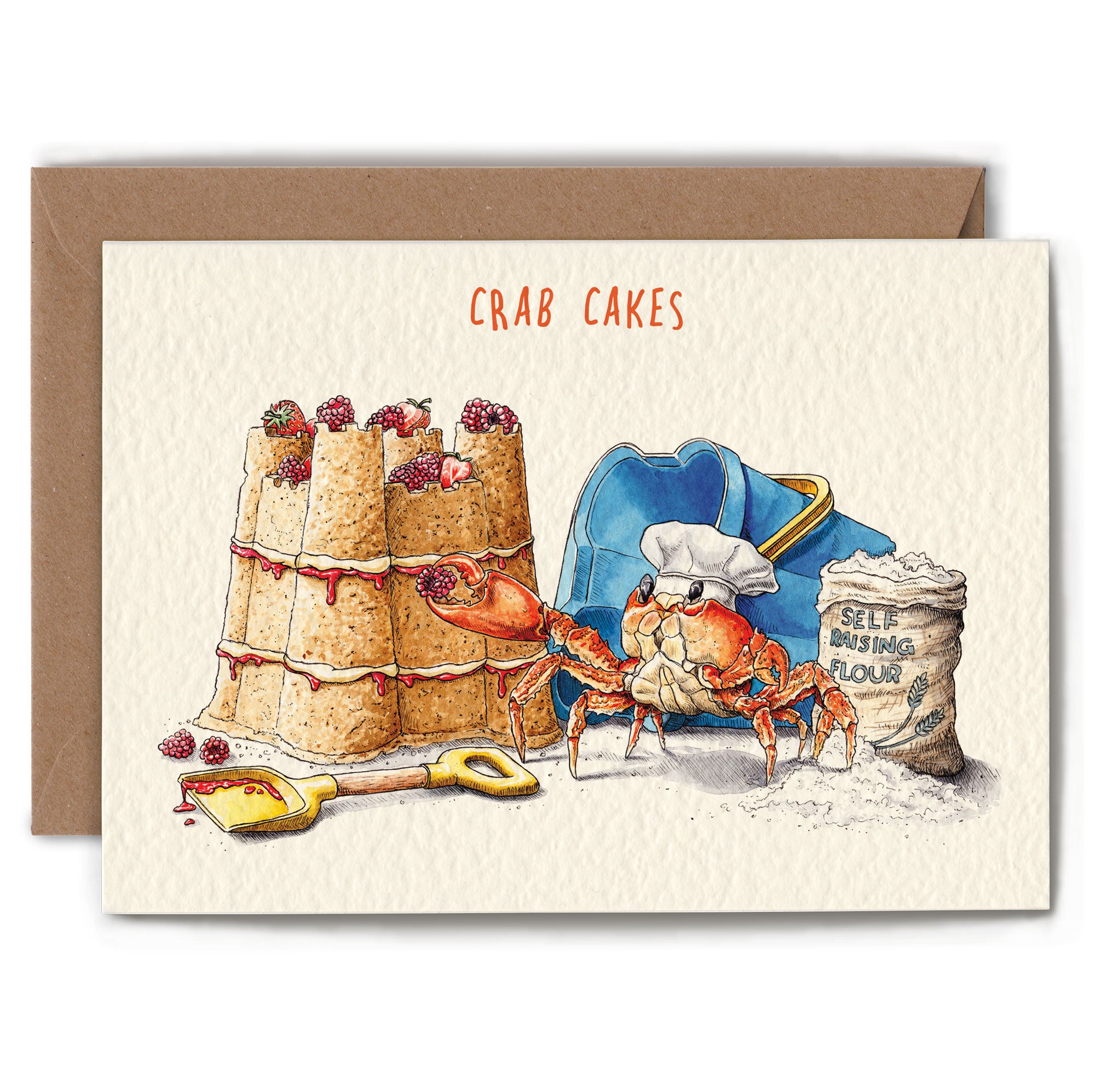 Card with illustration of crab cakes and a crab, featuring the text 'CRAB CAKES'.