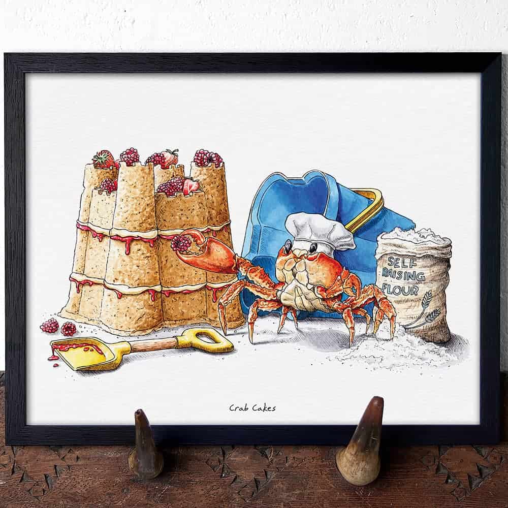 Illustration of crab cakes with a crab, chef's hat, and flour bag on a white background.