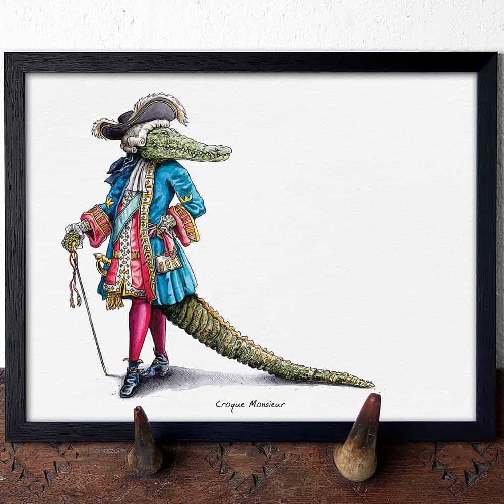 Artwork of a crocodile in human-like attire on a white background