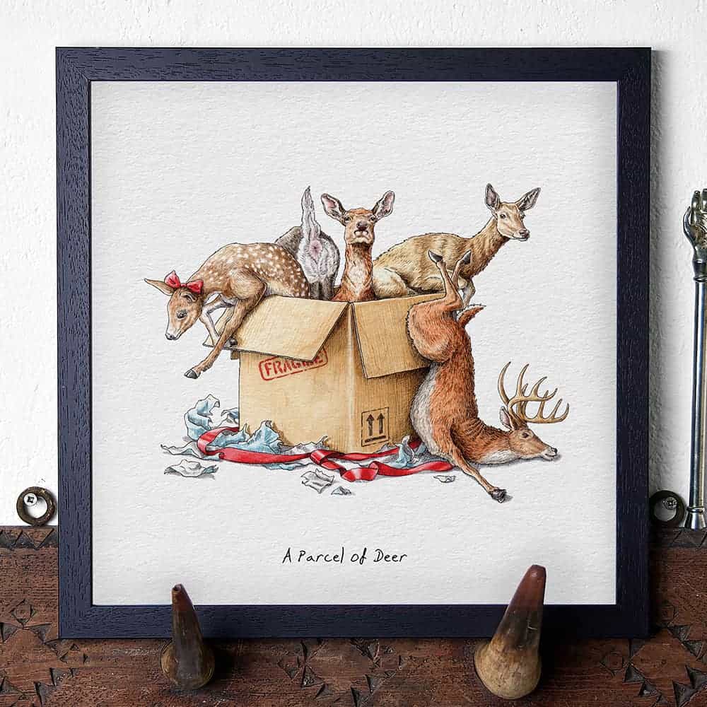 Artwork of a box labeled 'Parcel of Deer' with deer illustrations on a white background.