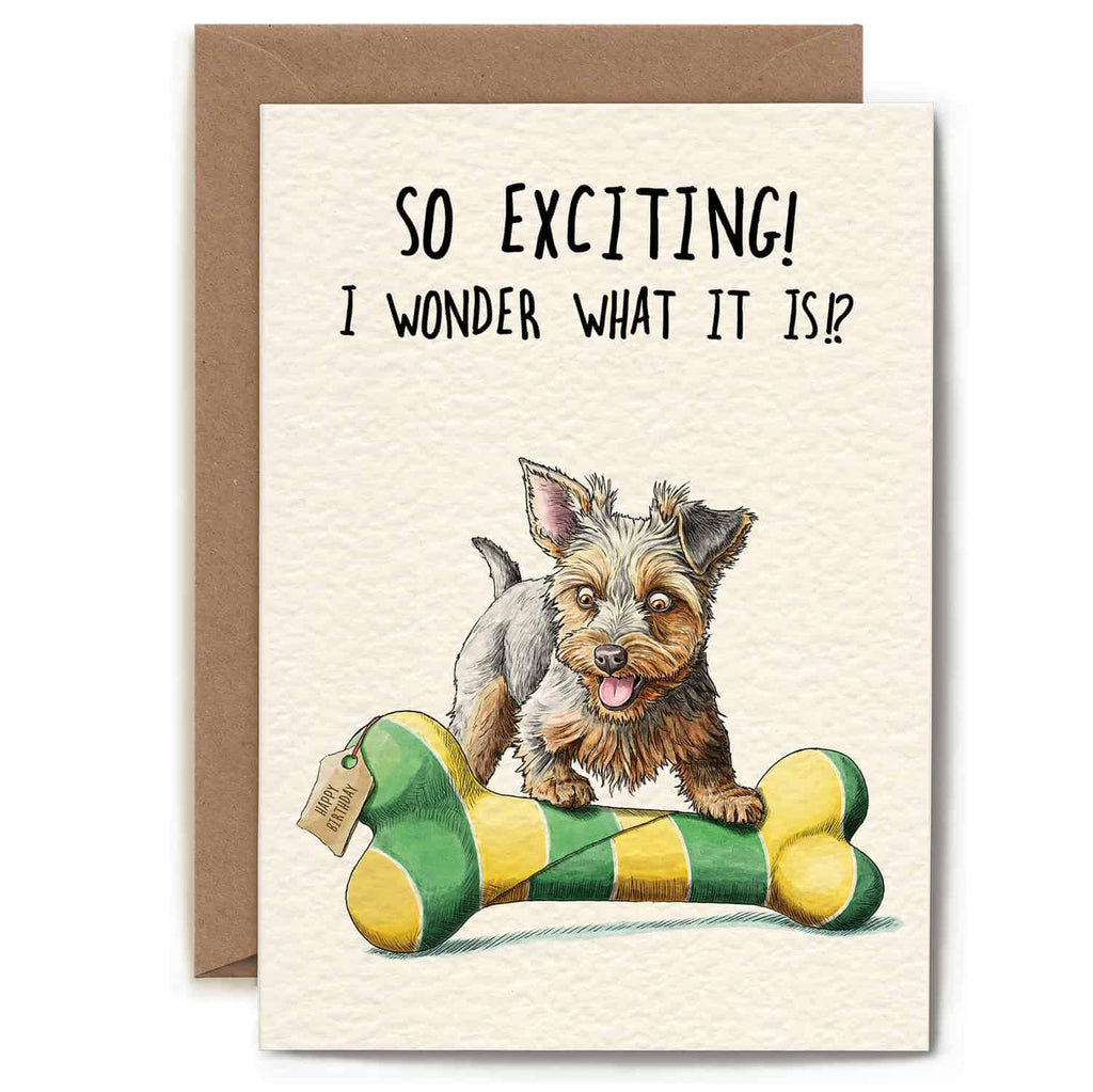 Greeting card with a dog illustration and text 'So exciting! I wonder what it is!' on a white background.