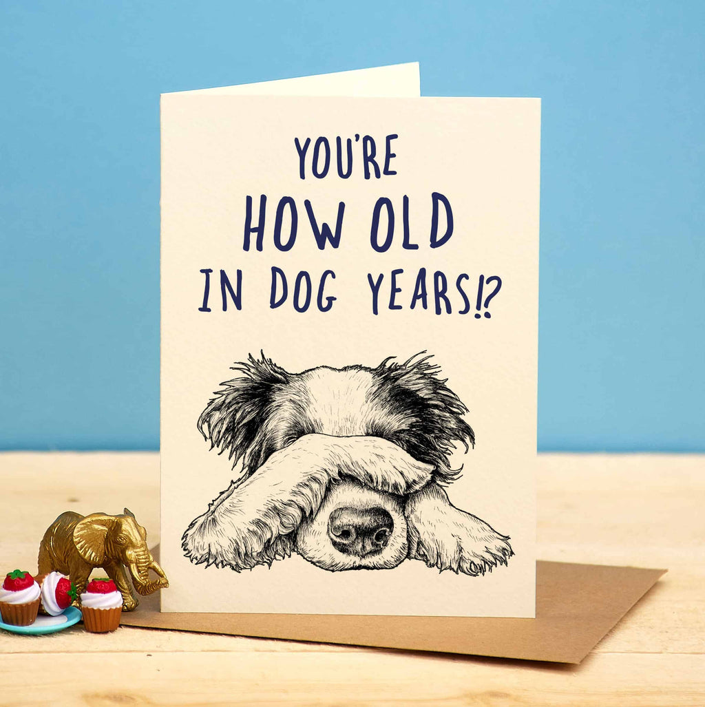 Card with a dog illustration and text 'You're how old in dog years?' on a blue background