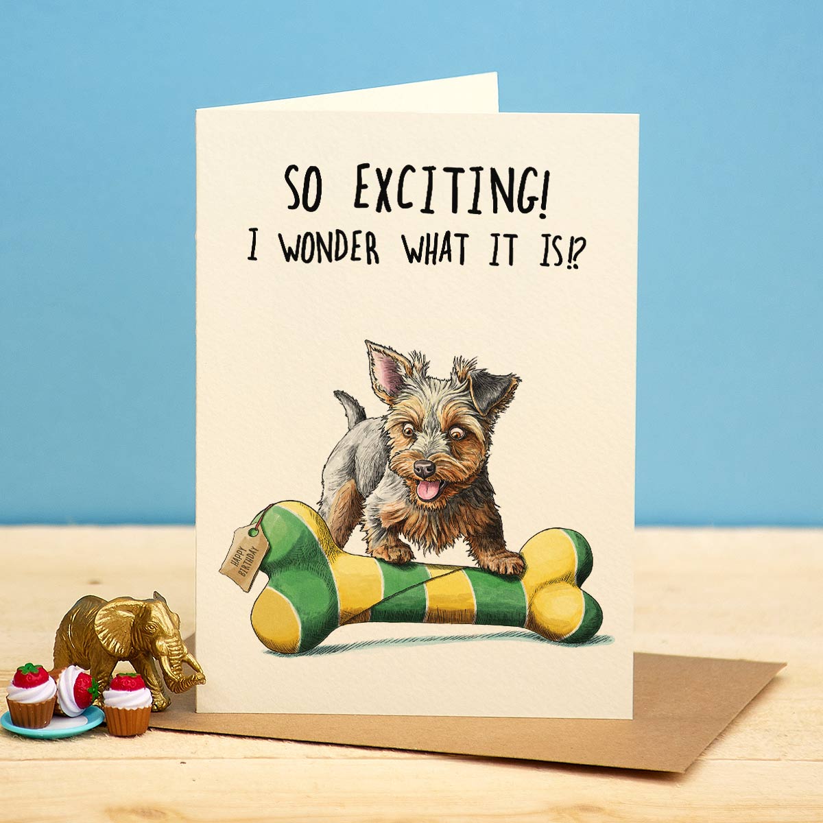 Greeting card with a dog illustration and text 'So exciting! I wonder what it is?' on a blue background.