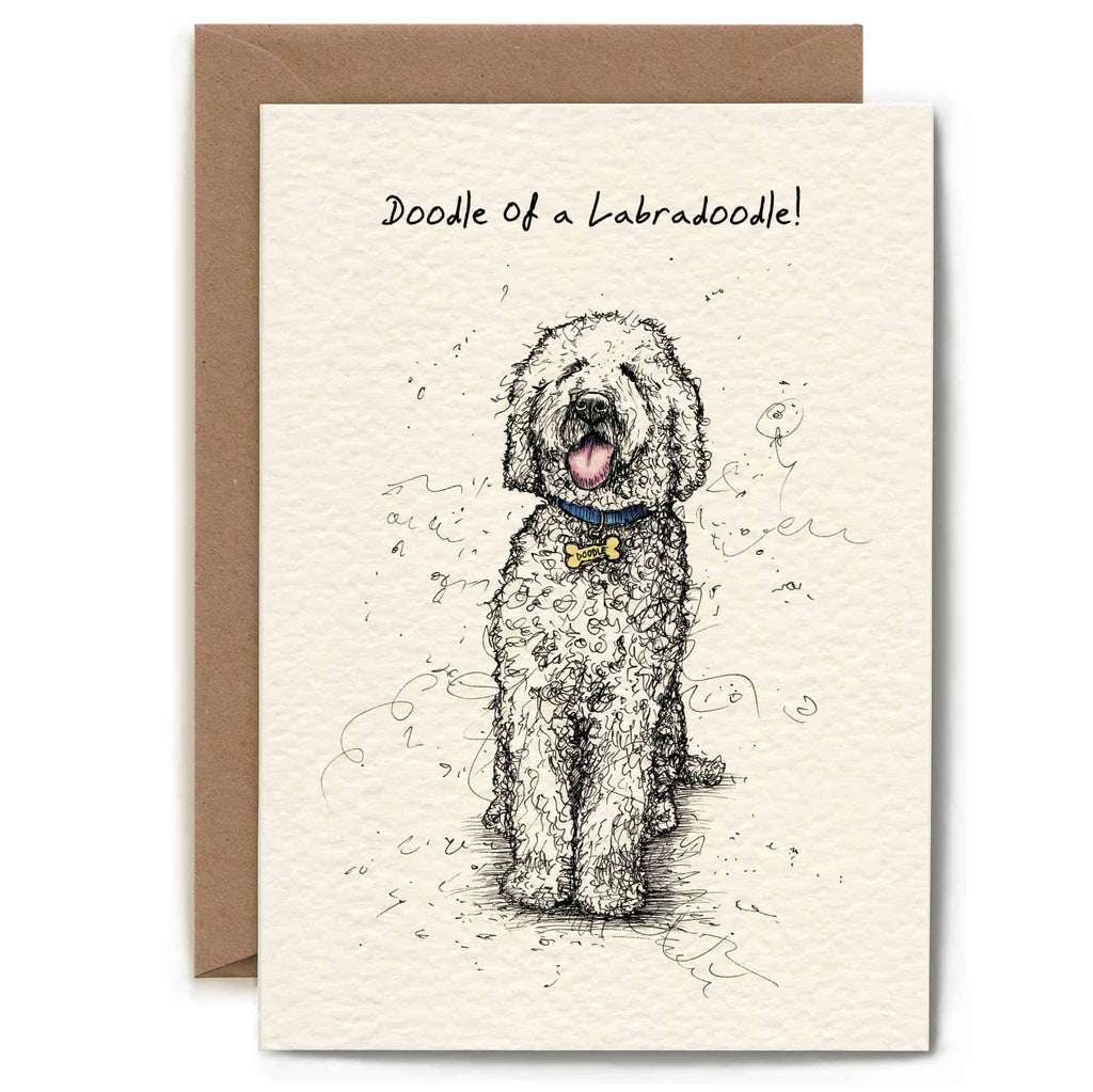 Greeting card with a illustration of a Labradoodle and text 'Doodle of a Labradoodle' on a beige background.