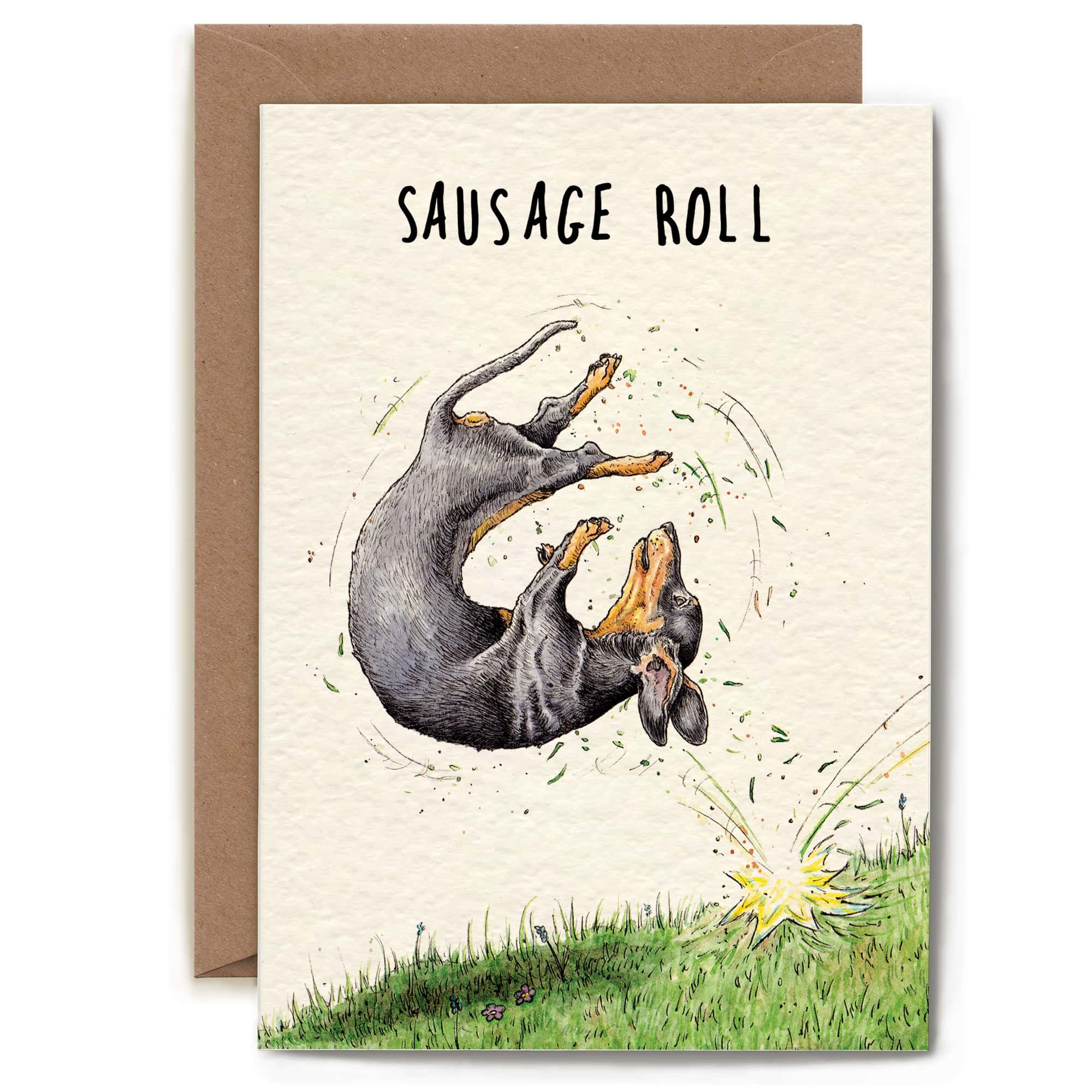 Greeting card with a dachshund illustration and 'Sausage Roll' text on a beige background.