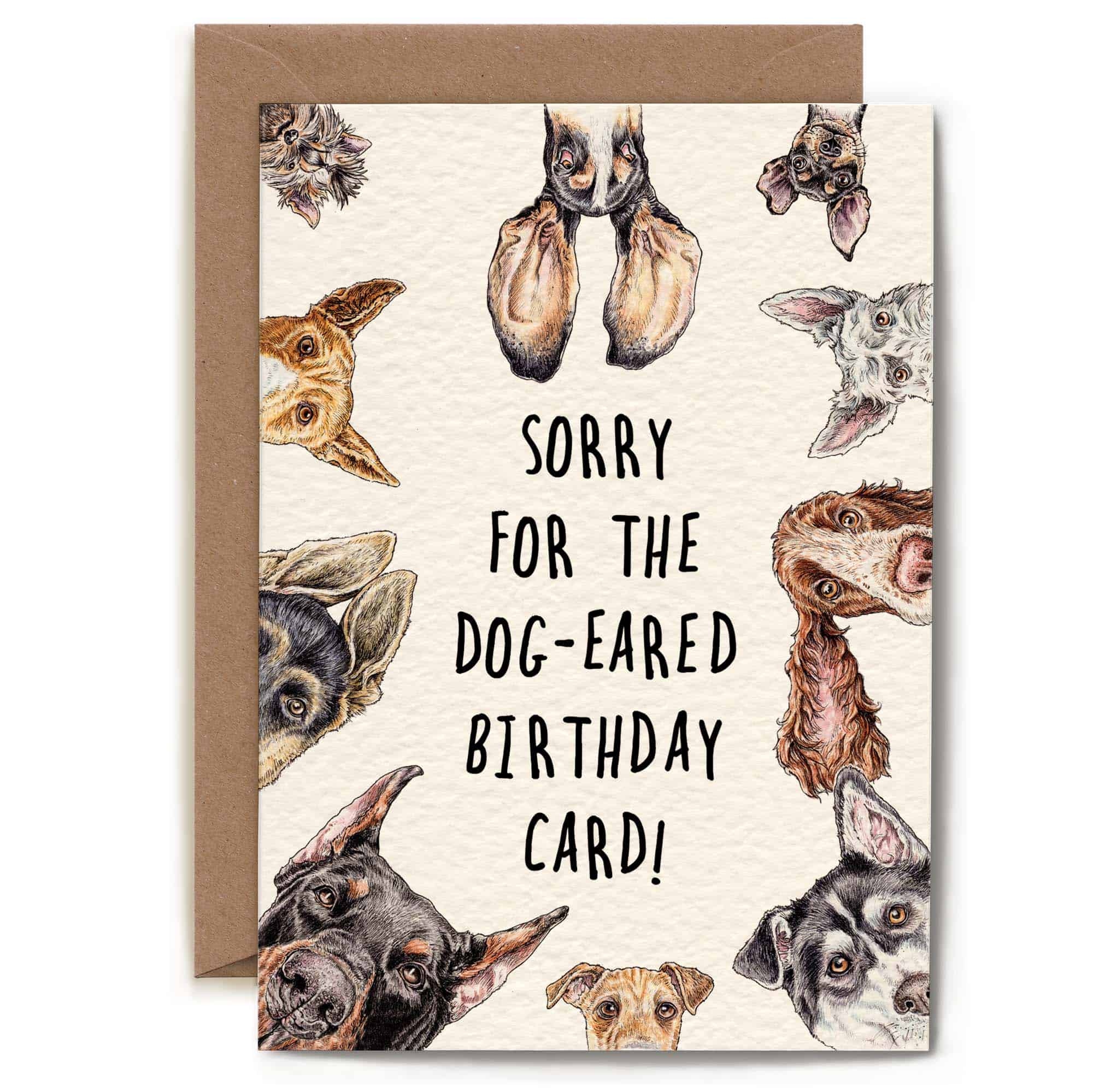 Birthday card with dog illustrations and humorous text on a white background