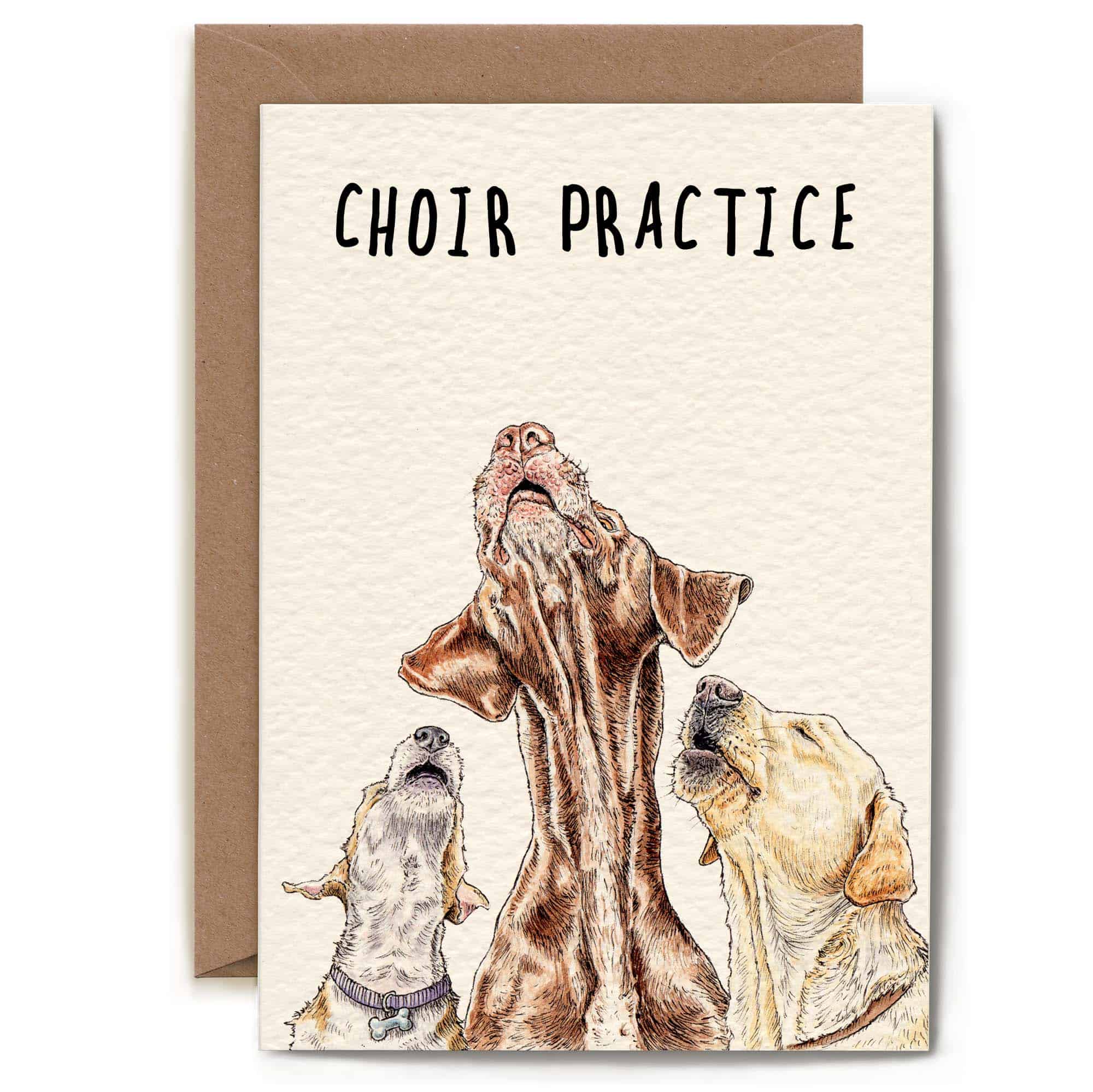 Card with illustration of dogs and text 'CHOIR PRACTICE' on a beige background