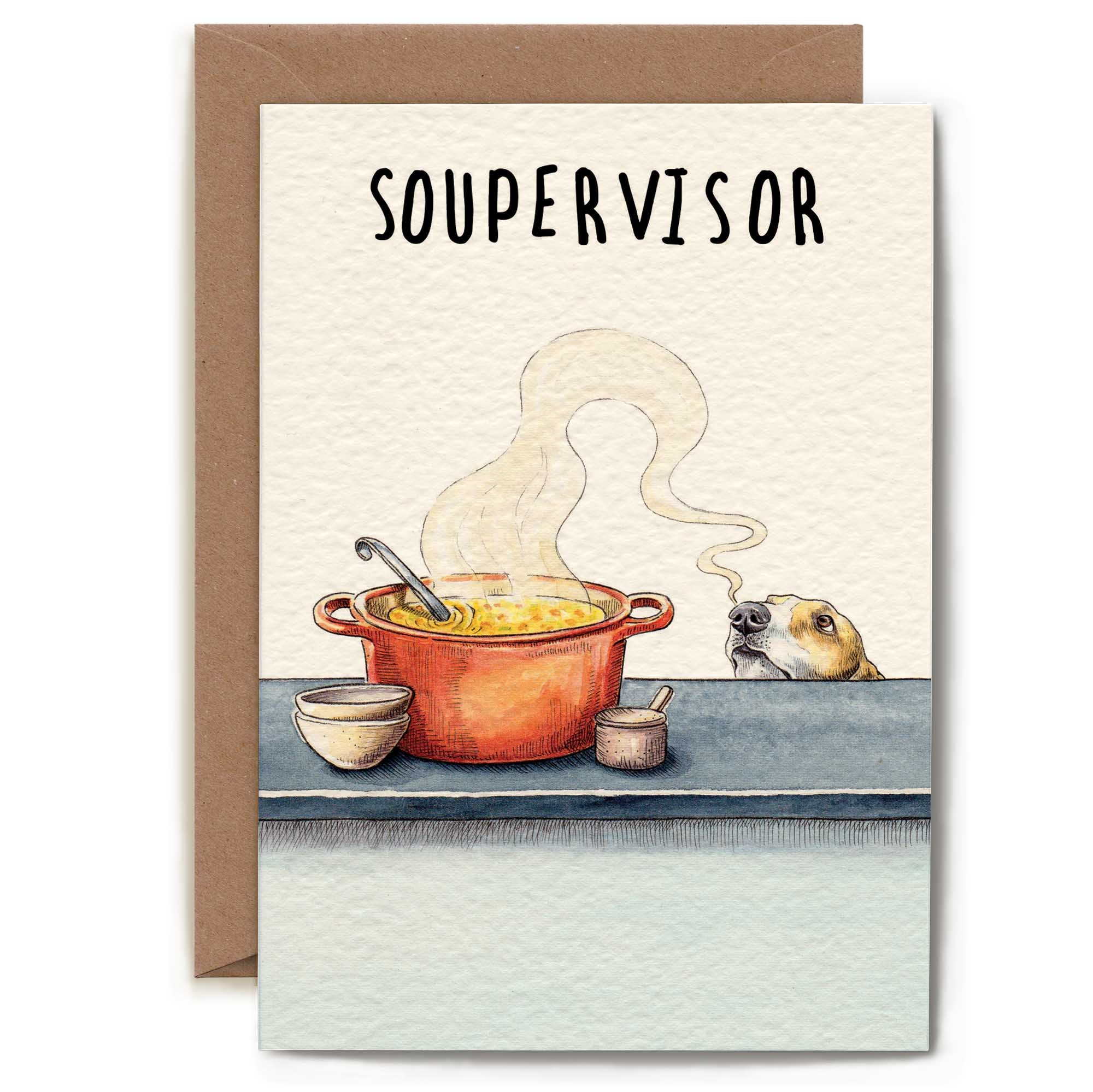 Card with a cartoon dog looking at a pot of soup, labeled 'Soupervisor', on a white background.