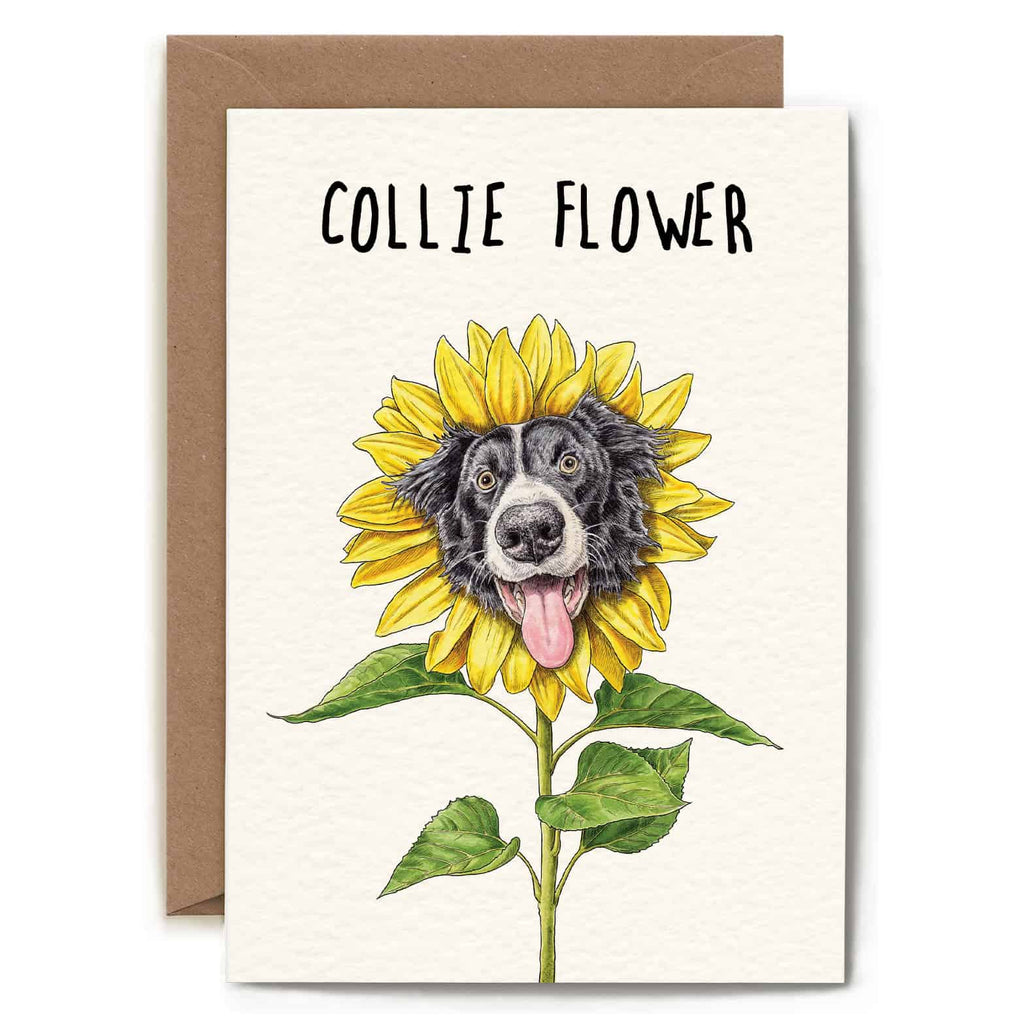 Card with a dog illustration inside a sunflower, labeled 'Collie Flower', on a white background.