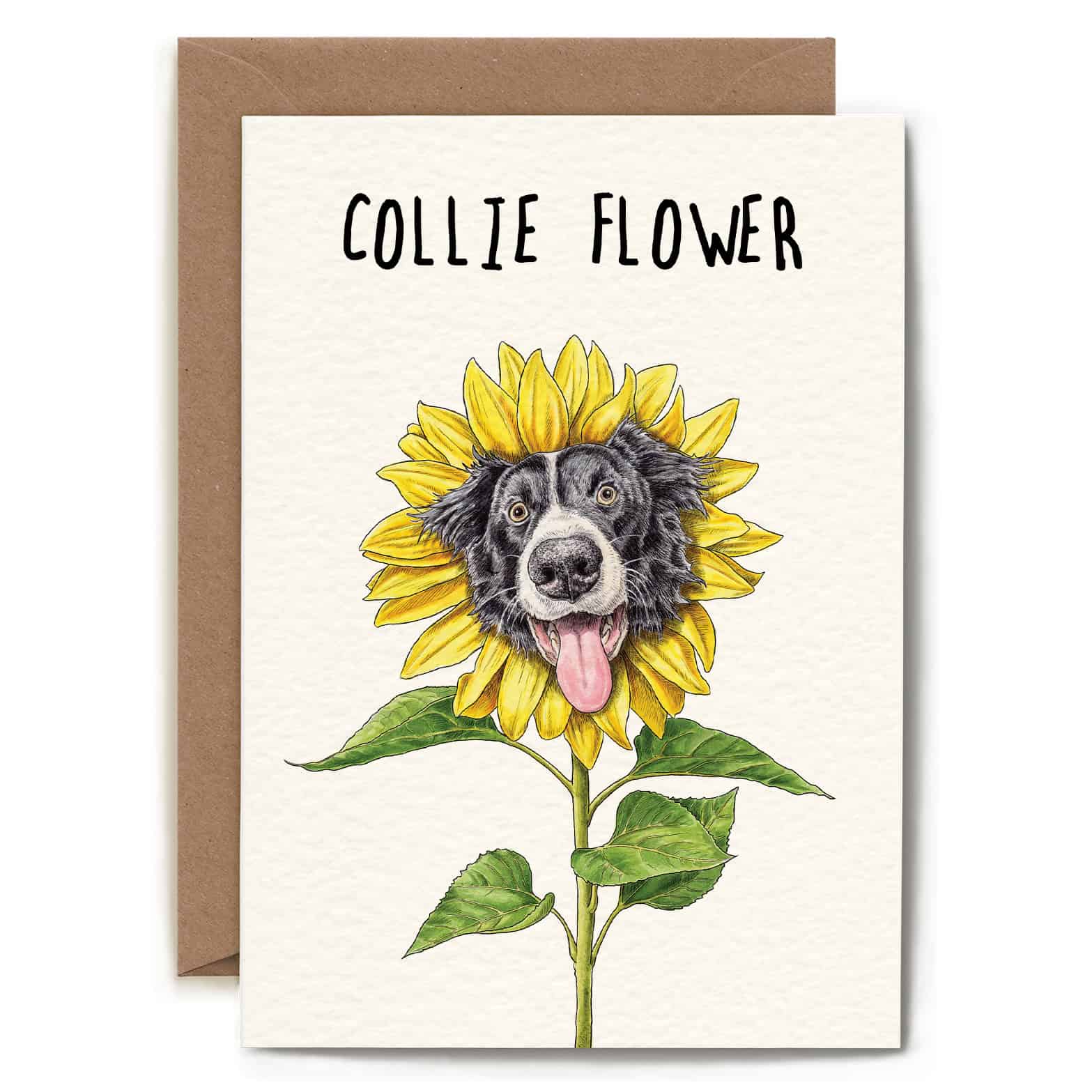 Card with a dog illustration inside a sunflower, labeled 'Collie Flower', on a white background.