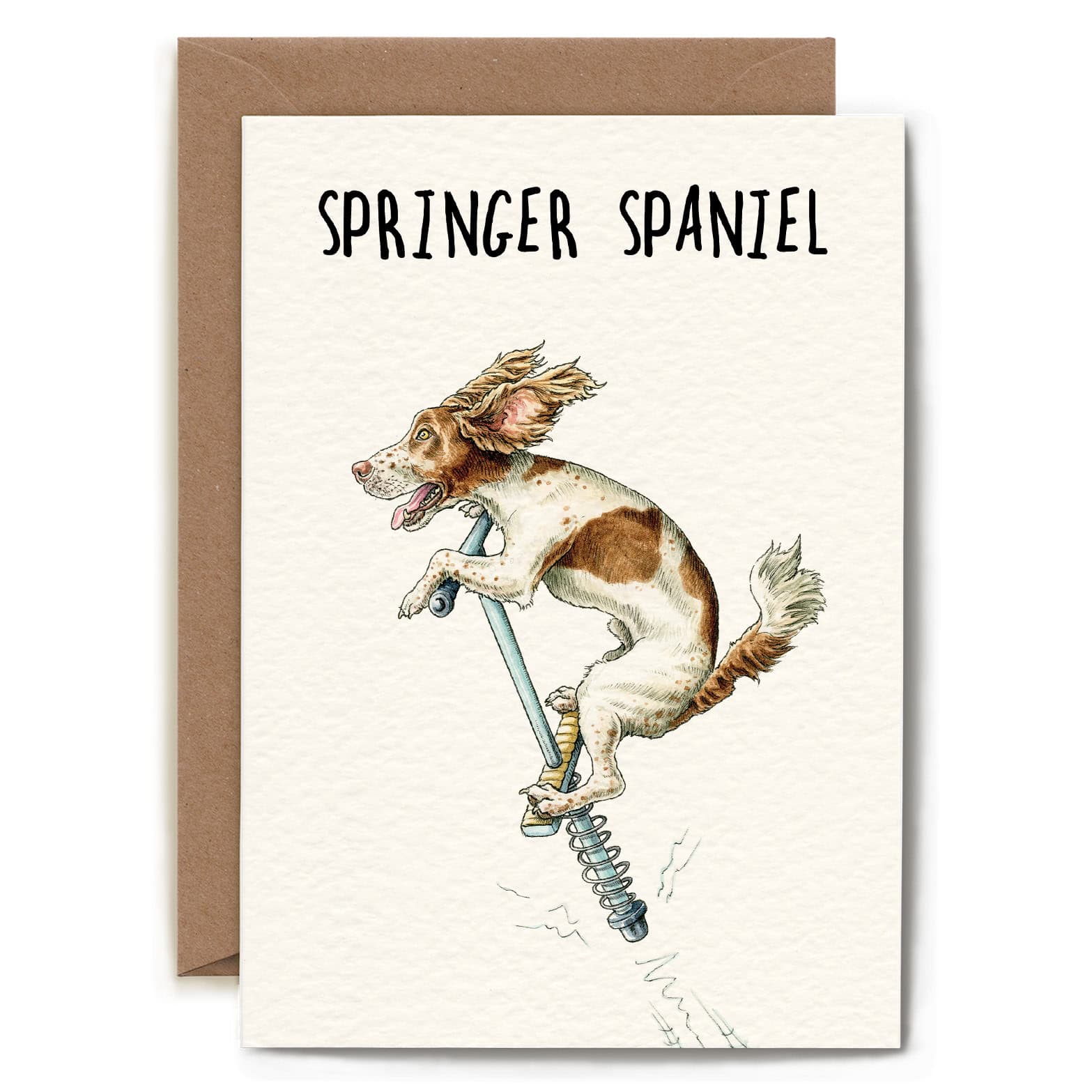 Greeting card with a Springer Spaniel illustration and 'Springer Spaniel' text on a white background.