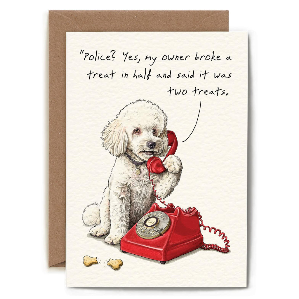 Card with a dog on a red phone, humorous text, and a brown envelope.