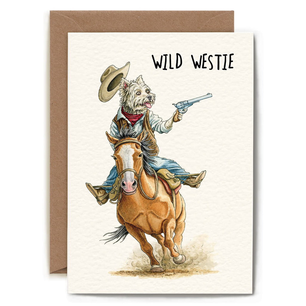 Card with a dog riding a horse, holding a gun, and text 'Wild Westie' on a beige background.