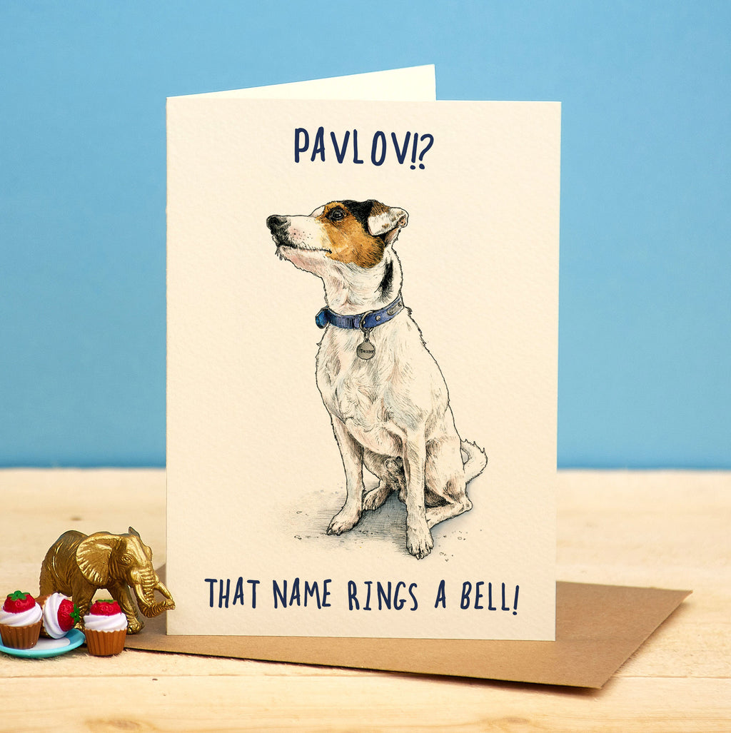 Greeting card with a dog illustration and humorous text on a blue background