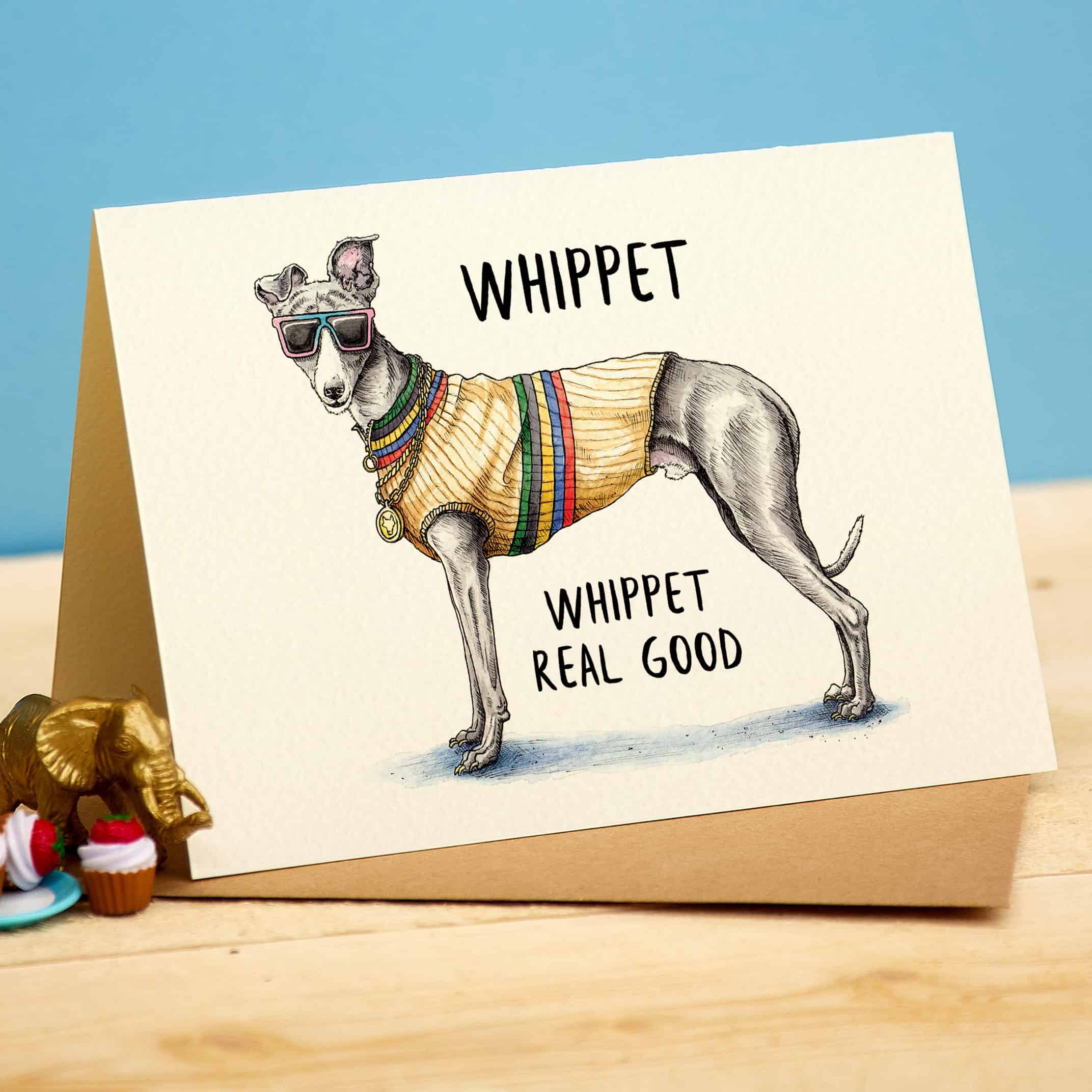 Card with a drawing of a whippet wearing sunglasses and a sweater, with text 'WHIPPET REAL GOOD' on a wooden surface.