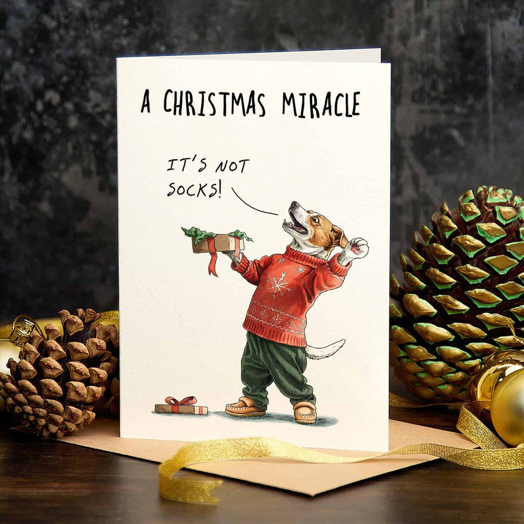 Christmas card with a dog in a sweater holding a gift, surrounded by pine cones and gold ribbons.
