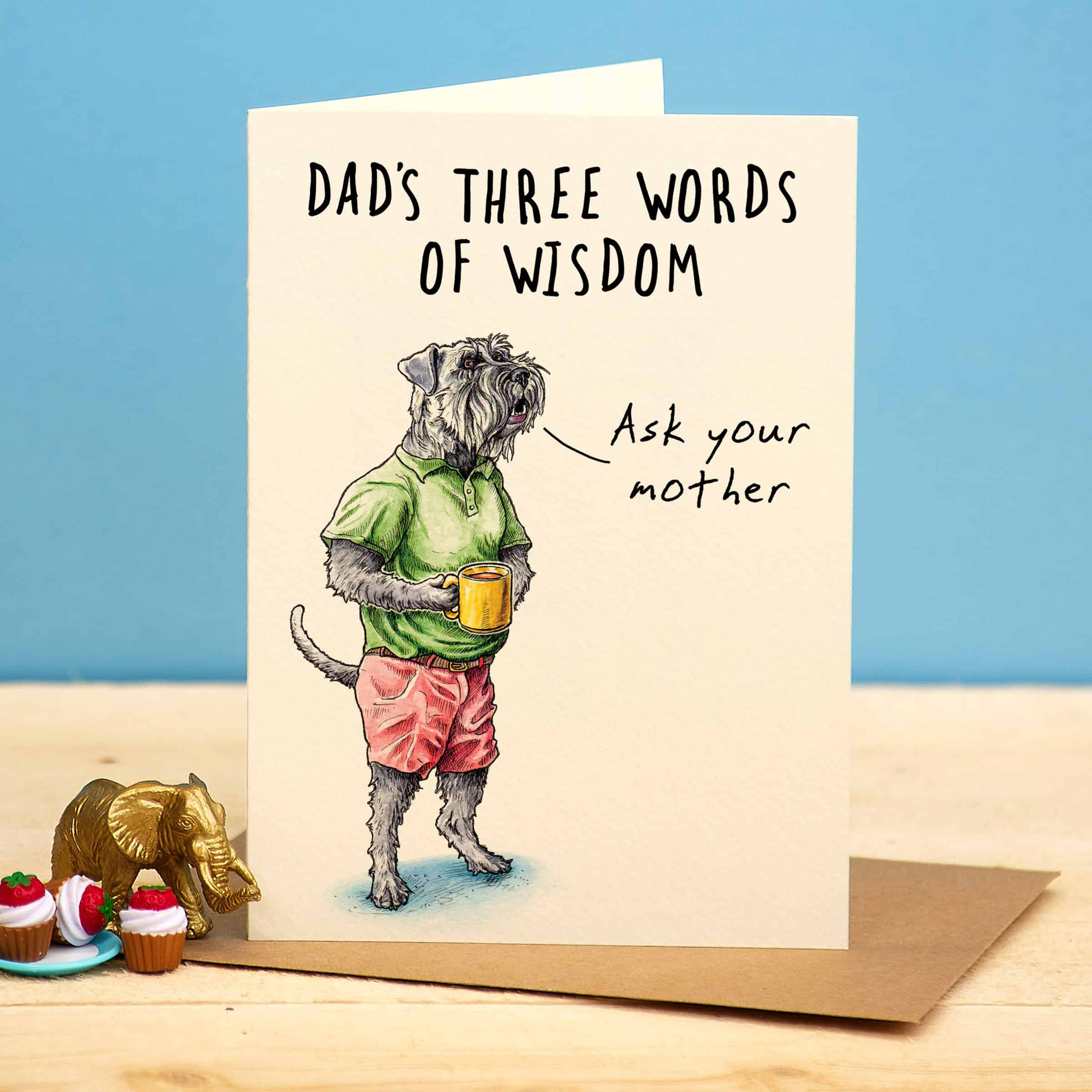 Card with a dog illustration and humorous text on a blue background