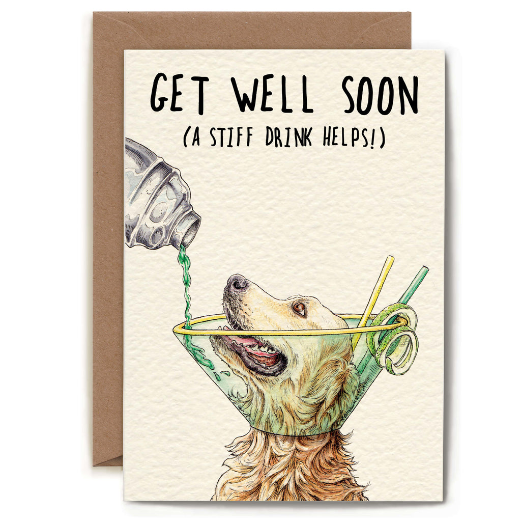 Greeting card with a dog drinking from a glass, text 'Get well soon (a stiff drink helps)!'