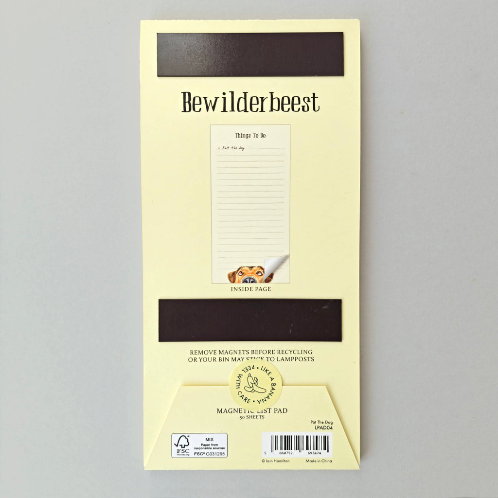 Packaging of Bewilderbeest magnetic notepad on a gray background