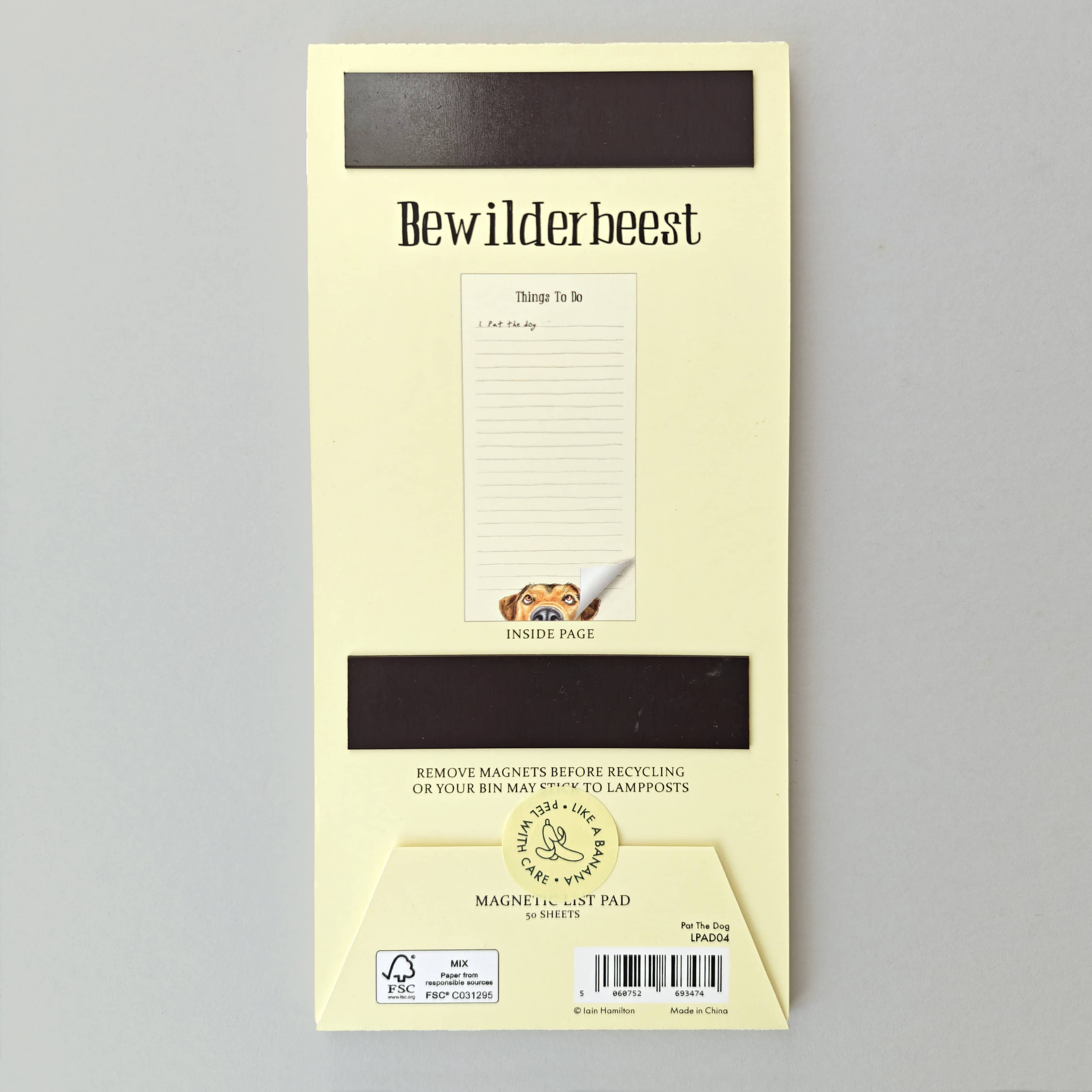 Packaging of Bewilderbeest magnetic notepad on a gray background